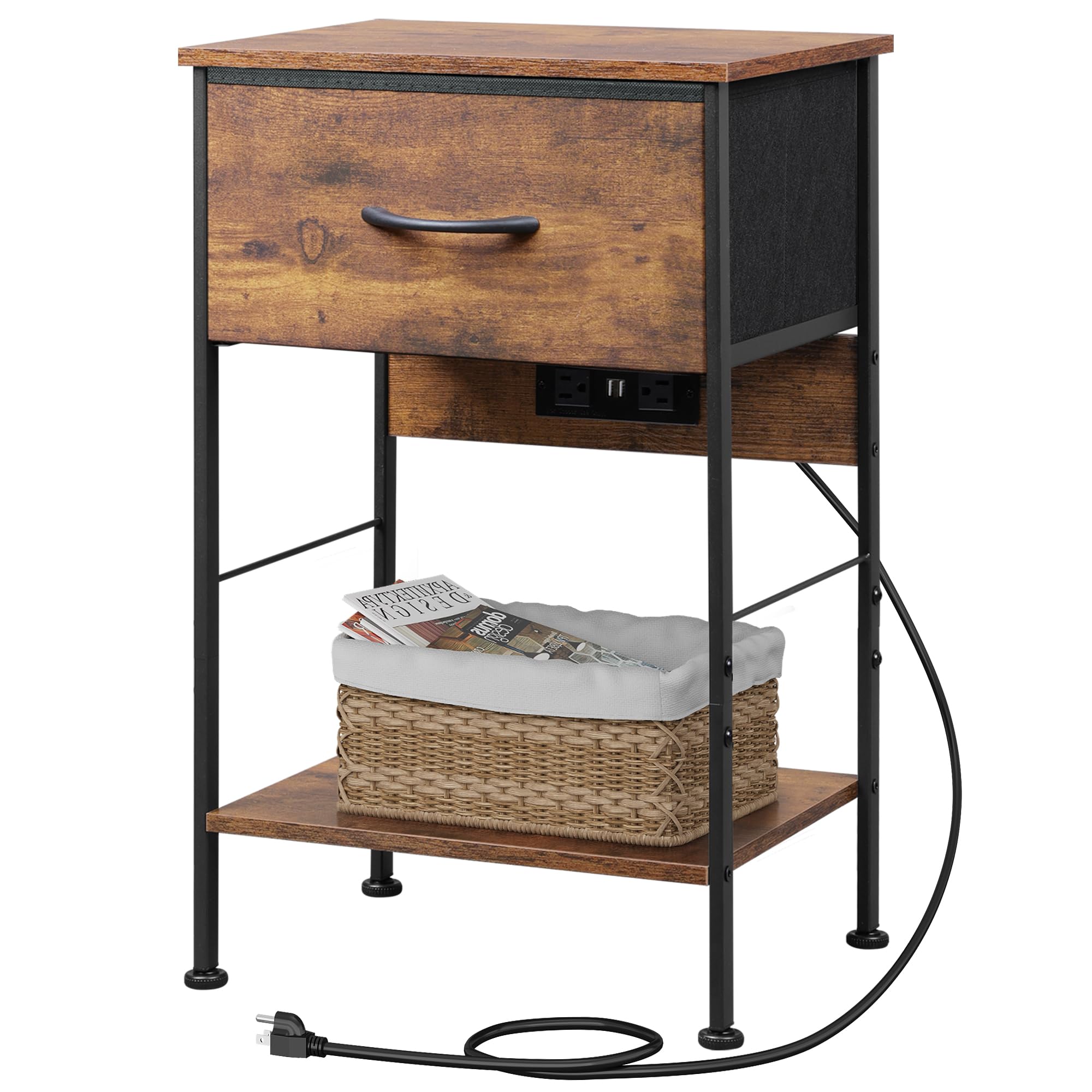 WLIVE Night Stand with Charging Station, Small Nightstand with Fabric Drawer and Open Shelf, 25 H Bedside Table for Bedroom, 2-T