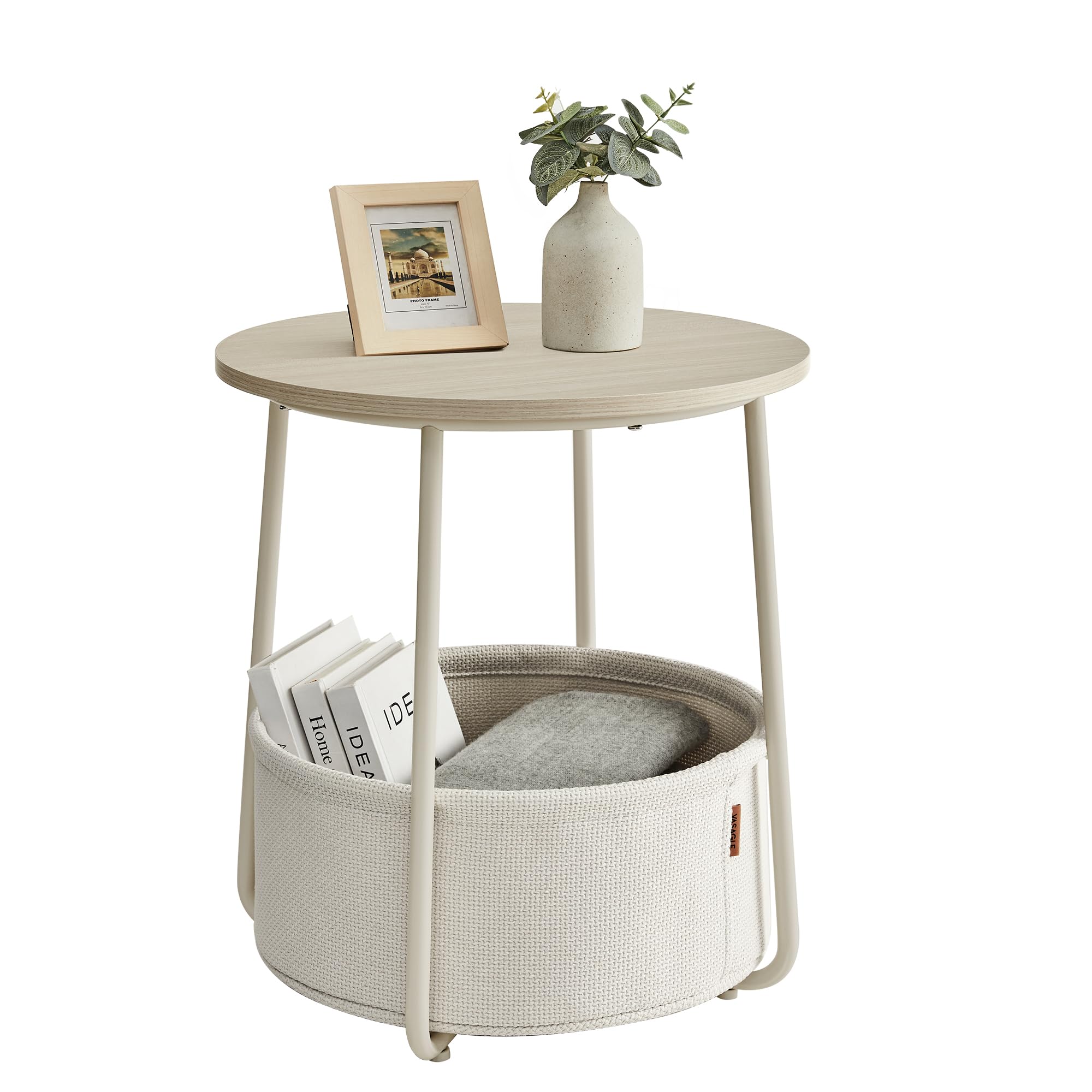 VASAGLE End Table, Small Bedside Table with Fabric Basket, Modern Nightstand, Round Side Table, for Living Room, Bedroom, Cream 
