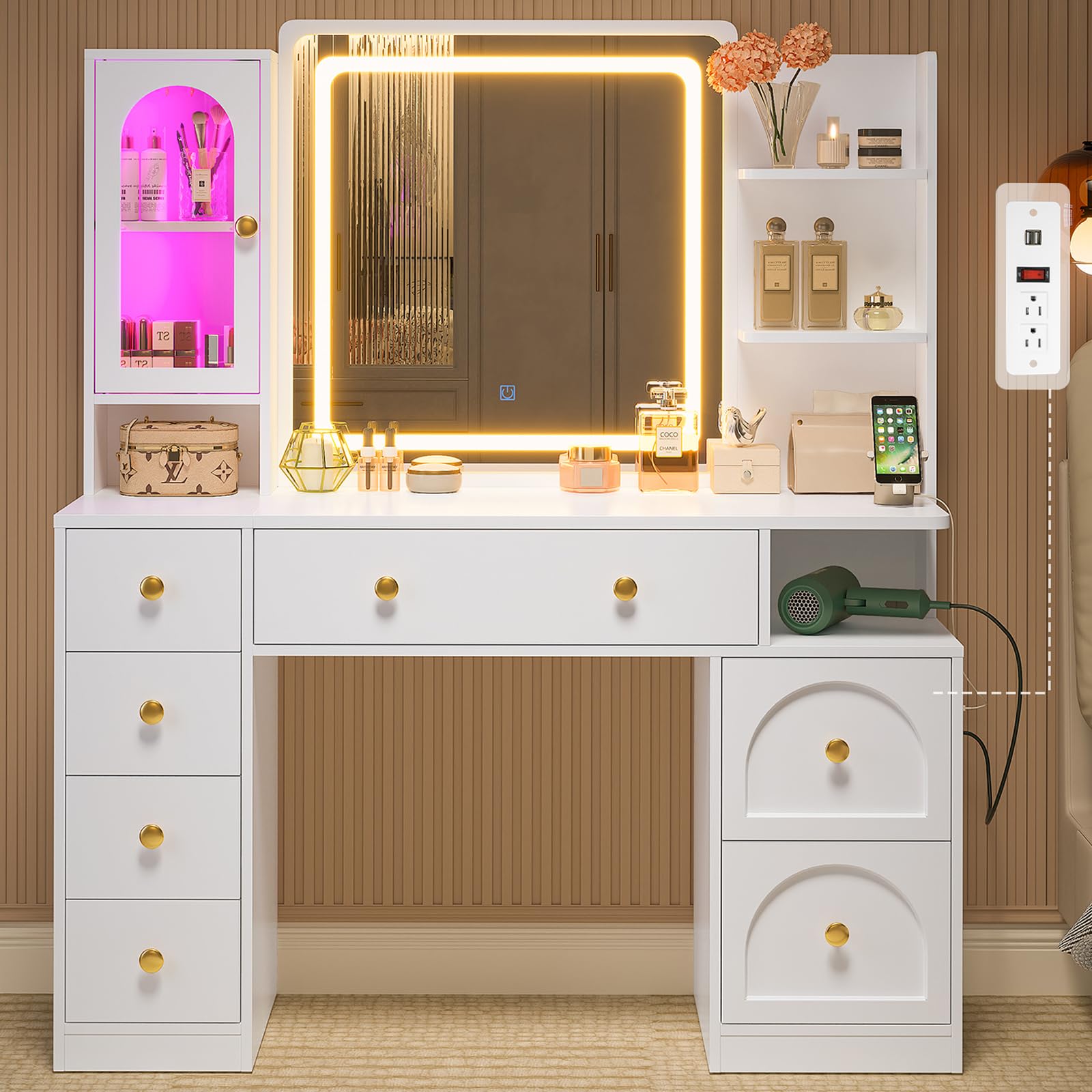 DICTAC Large White Vanity Desk with Mirror, Lights and Charging Station,Vanity Desk with 7 Drawers,1 RGB Glass Cabinets, 3 LED L