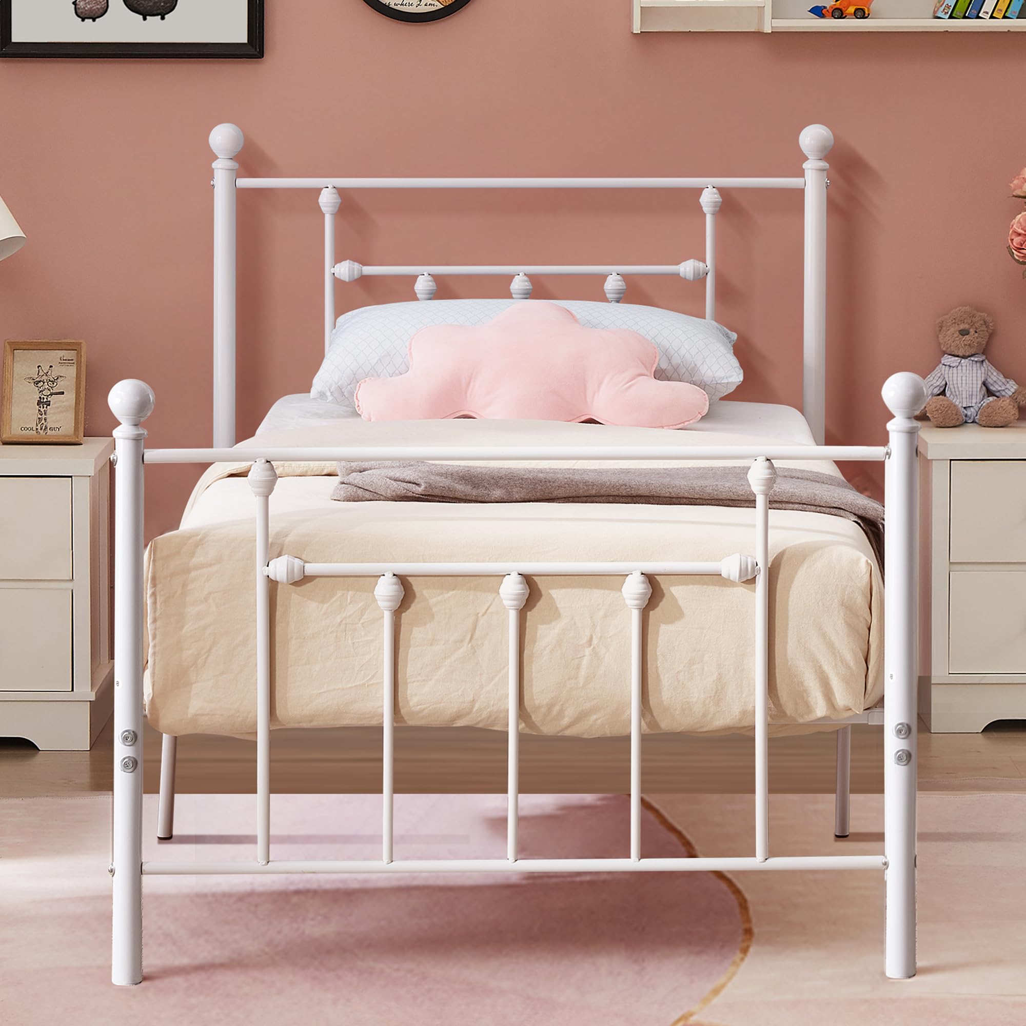 VECELO Twin Size Metal Platform Bed Frame with Headboard and Footboard, Heavy Duty Slat Support/No Box Spring Needed Mattress Fo