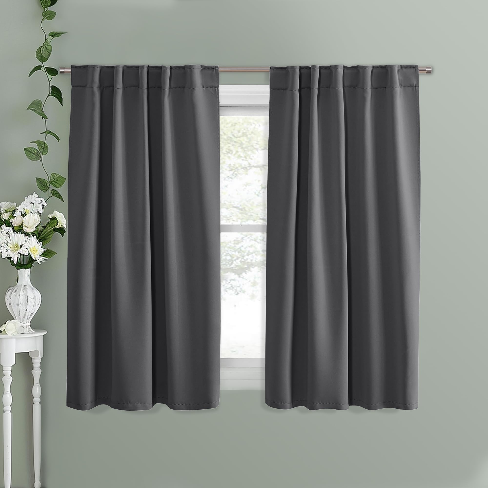 PONY DANCE Blackout Window Curtains - Short Gray Thermal Insulated Drapes Back Tab/Rod Pocket Room Darkening Panels Energy Savin