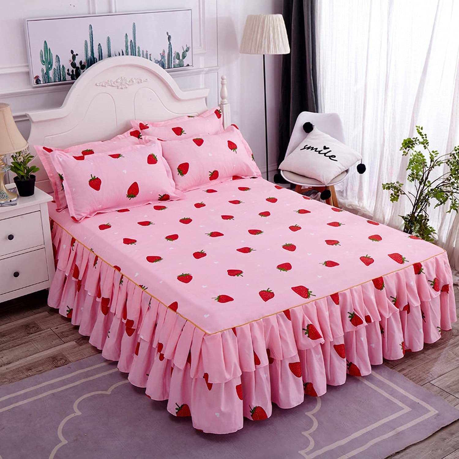 Feelyou Cute Strawberry Bed Sheet Set for Girls 3 Piece Kawaii Japanese Fitted Sheet 3 Side Coverage 14 Inch Drop Dust Ruffle Be