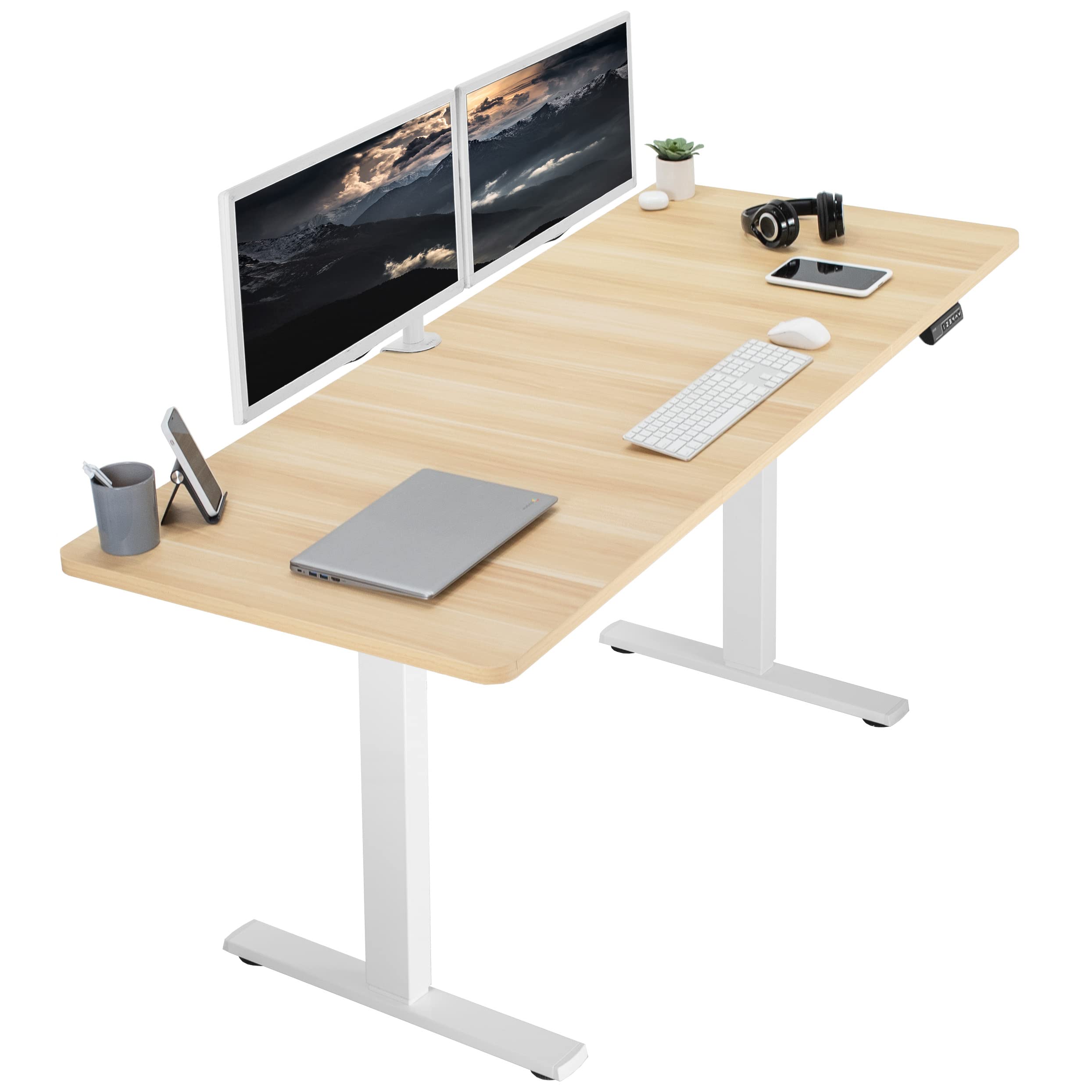 VIVO Electric Height Adjustable 71 x 30 inch Memory Stand Up Desk, Light Wood Table Top, White Frame, Standing Workstation with 