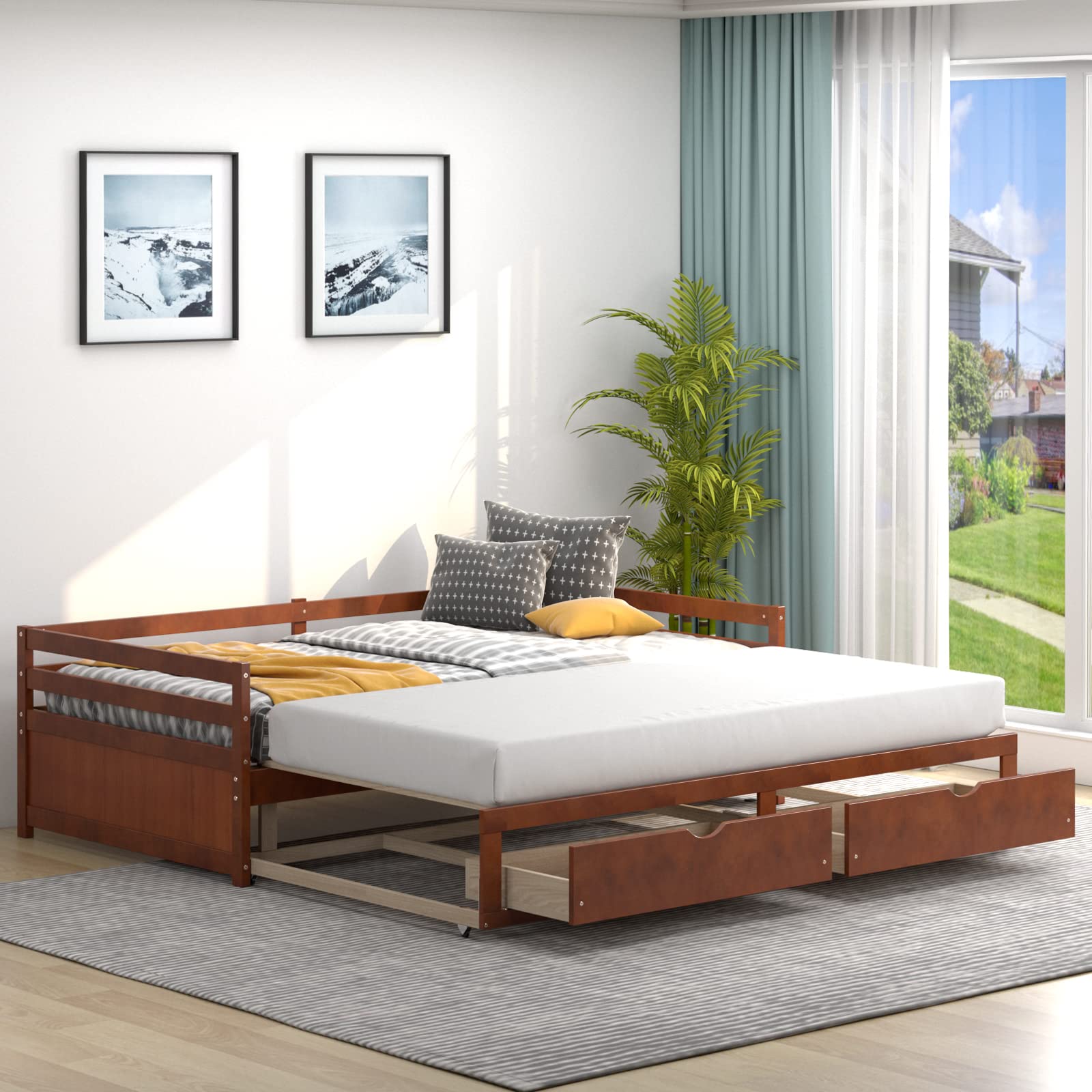 DORTALA Twin to King Daybed with Trundle and 2 Storage Drawers, Modern Extendable Daybed with Pull Out Bed Twin, Dual-use Sofa B