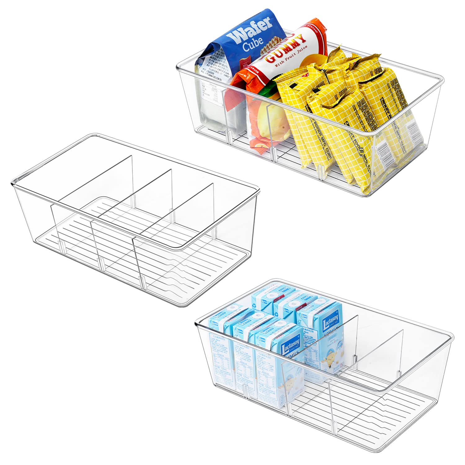 wilfox Pantry Organization, 3 Pack Clear Organizer Bins with Removable Dividers for Pantry, Kitchen, Fridge, Cabinet, Stackable 