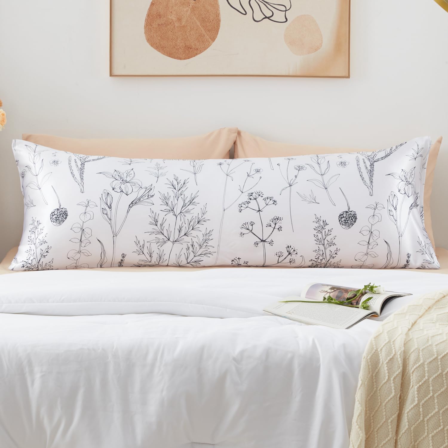 EXQ Home Satin Body Pillow Pillowcase Super Soft Silk Pillowcase, Body Pillow Cover with Envelope Closure Flowers with White Bac