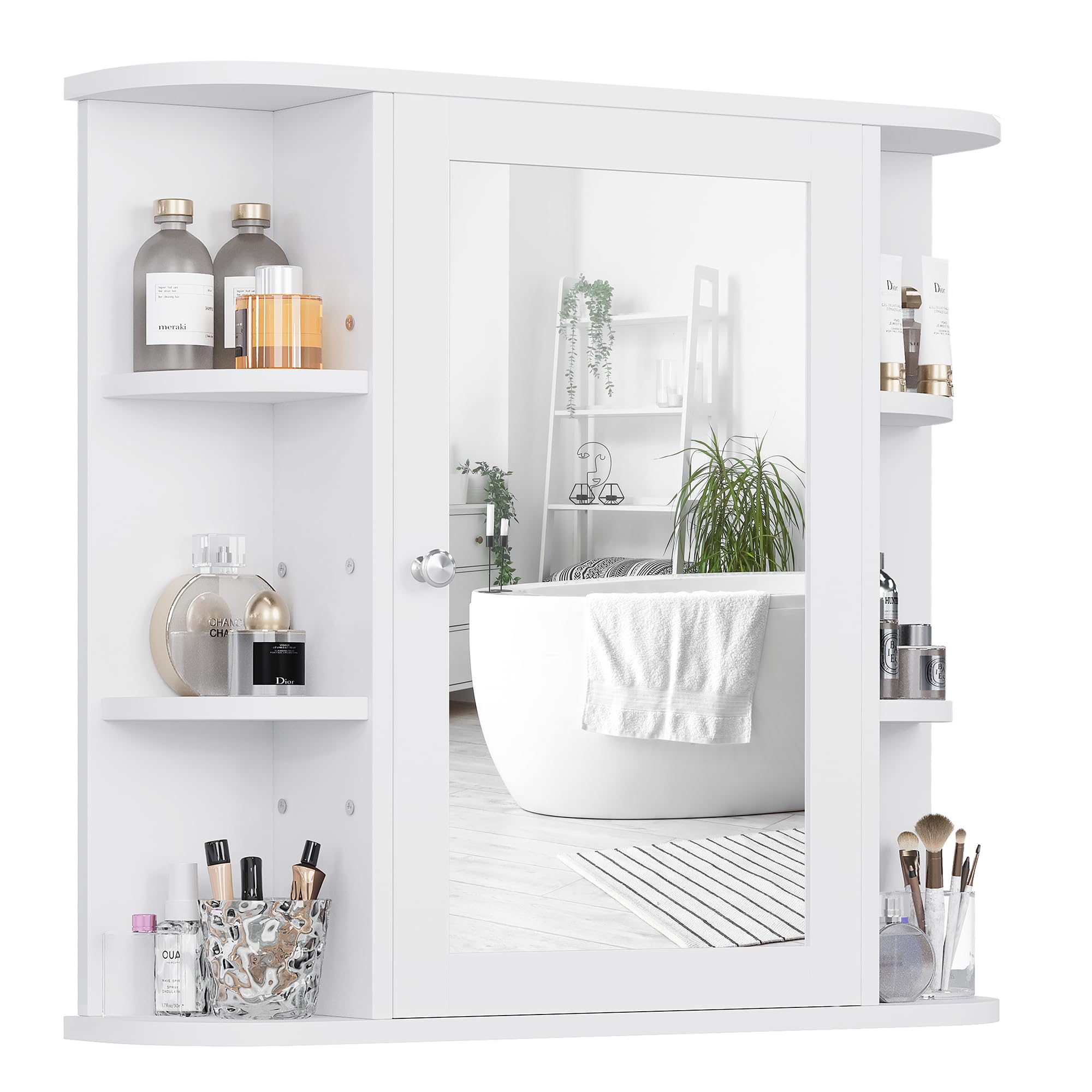Shintenchi Bathroom Wall Cabinet with Mirror, Wall Mounted Medicine Cabinet with 4 Internal and 6 Open Shelves, Mirrored Door Ov