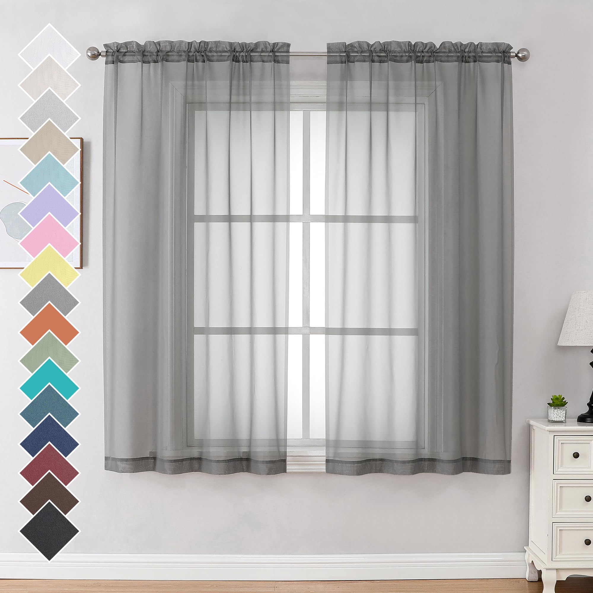OVZME 2 Panels Sheer Curtains 63 Inches Long Rod Pocket Light Weight Soft Voile Drapes Curtains for Basement Bathroom Bedroom Li