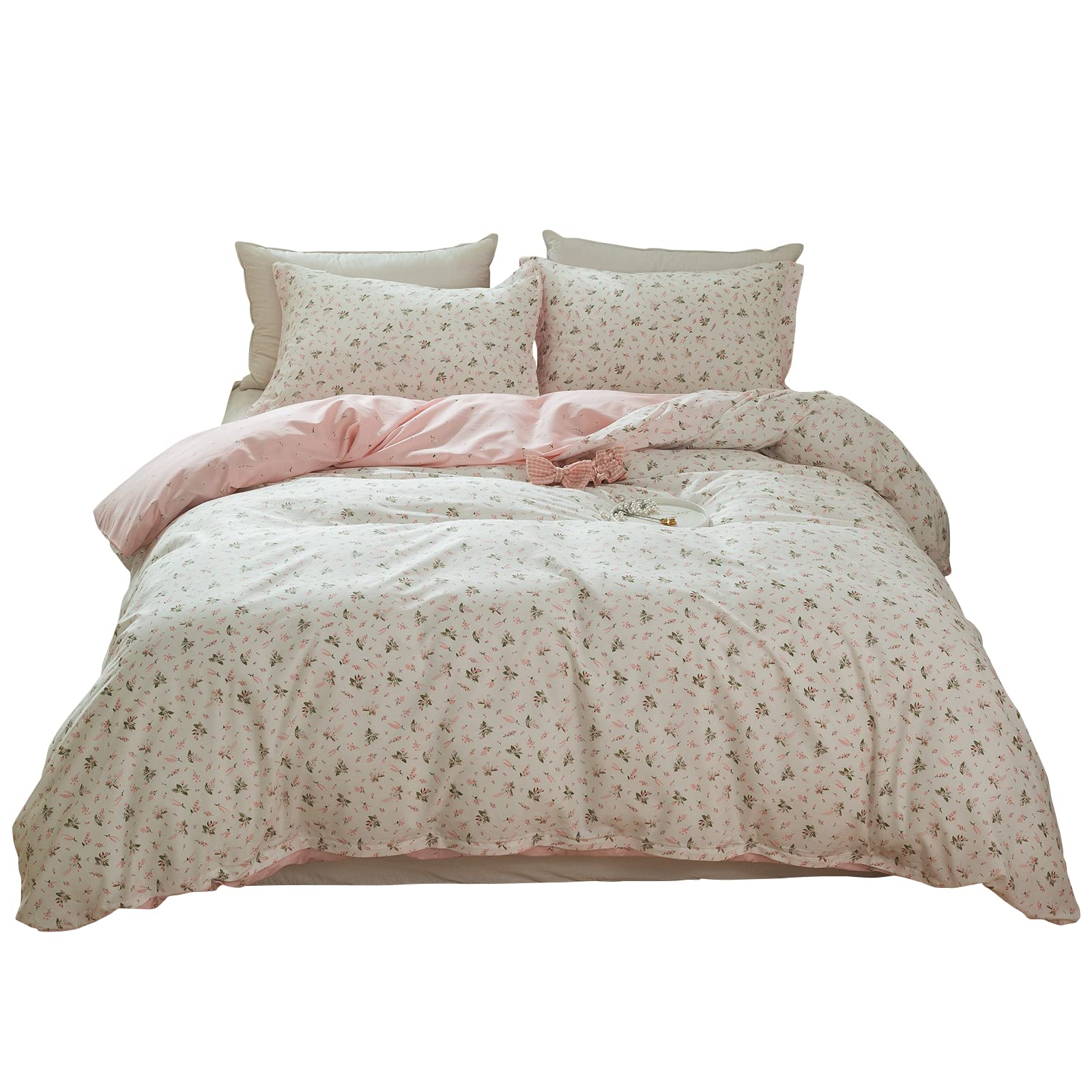 LifeTB Cotton Floral Duvet Cover Queen Girl Pink Flower Bedding Sets Garden Style Cotton Floral Comforter Cover Pink White Flora