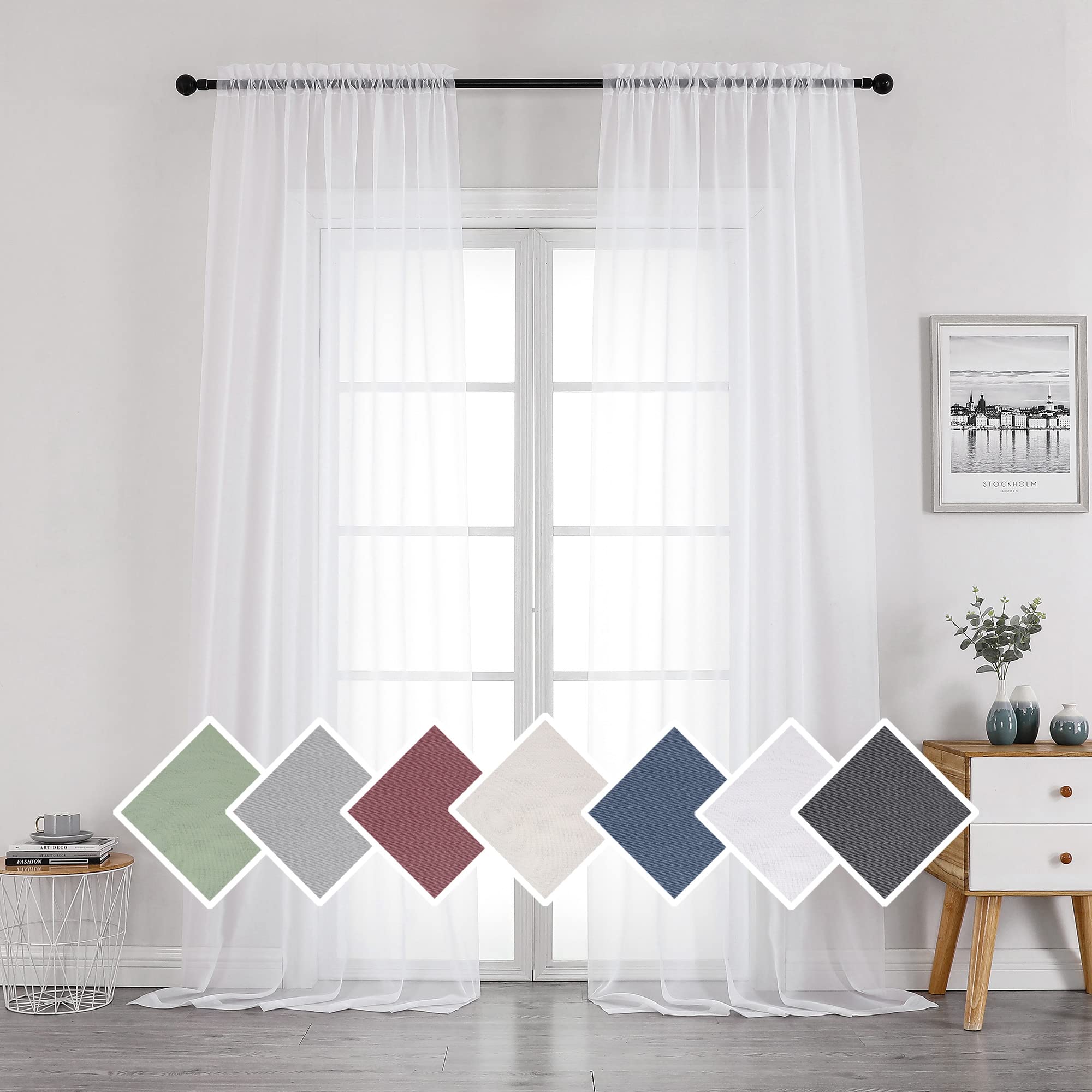 OVZME 2 Panels Solid color White Sheer curtains 96 Length, Elegant Window Voile PanelsDraperiesTreatment for Living Room & Slidi