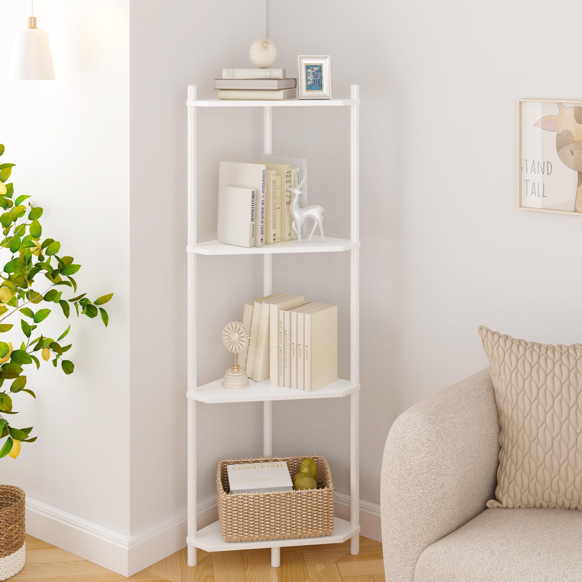 Wisuce Corner Shelf Stand - 4 Tier White Bamboo Small Corner Bookshelf for Office Kitchen Bedroom Plant Stand Living Room Decor 