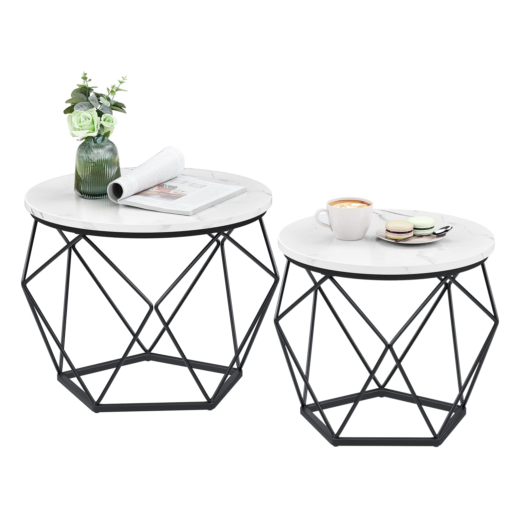 VASAGLE Small Coffee Table Set of 2, Round Coffee Table with Steel Frame, Side End Table for Living Room, Bedroom, Office, Marbl