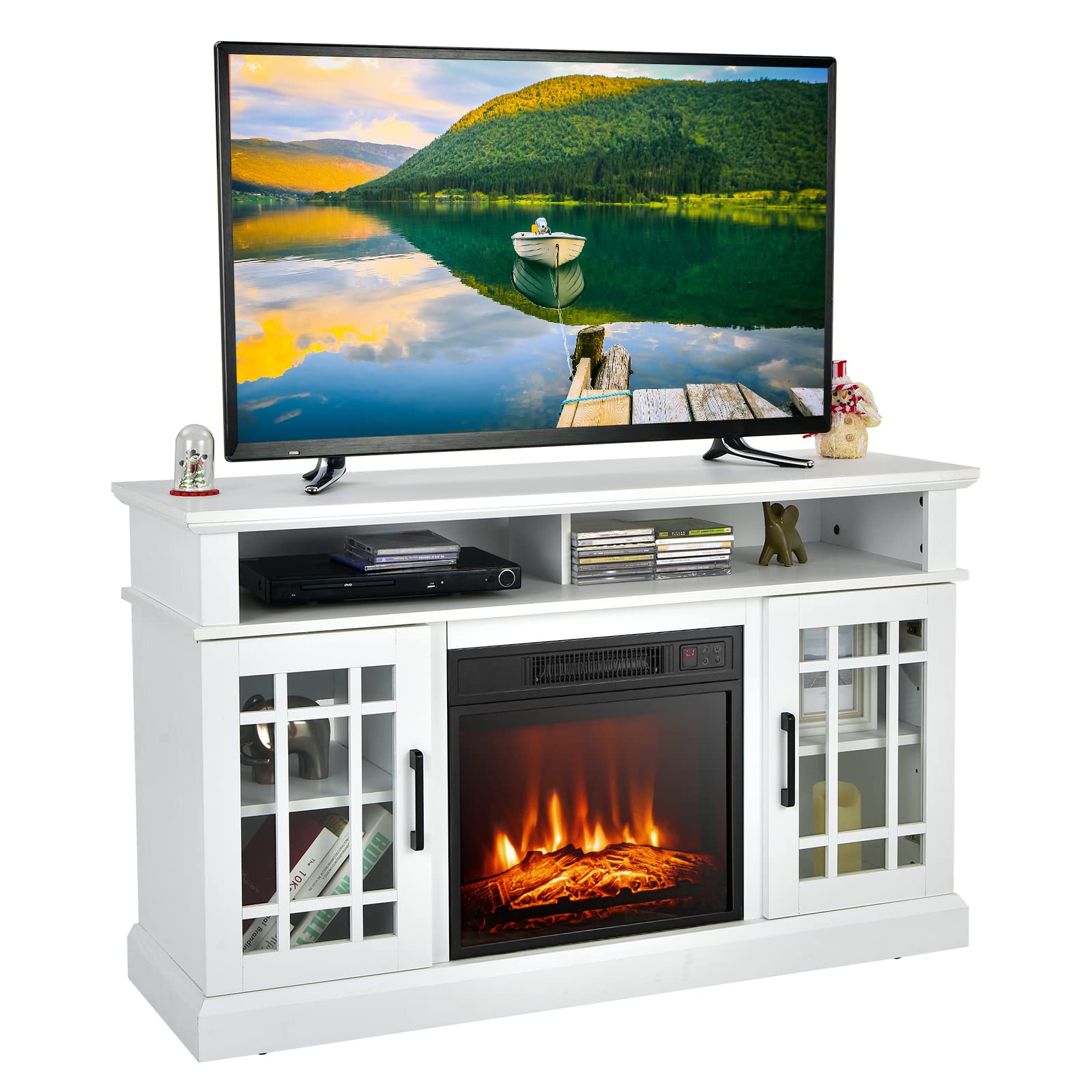 GOFLAME Fireplace TV Stand for TV up to 55 Inches, Freestanding Wood Entertainment Center with 18  Electric Fireplace, 48  TV Co