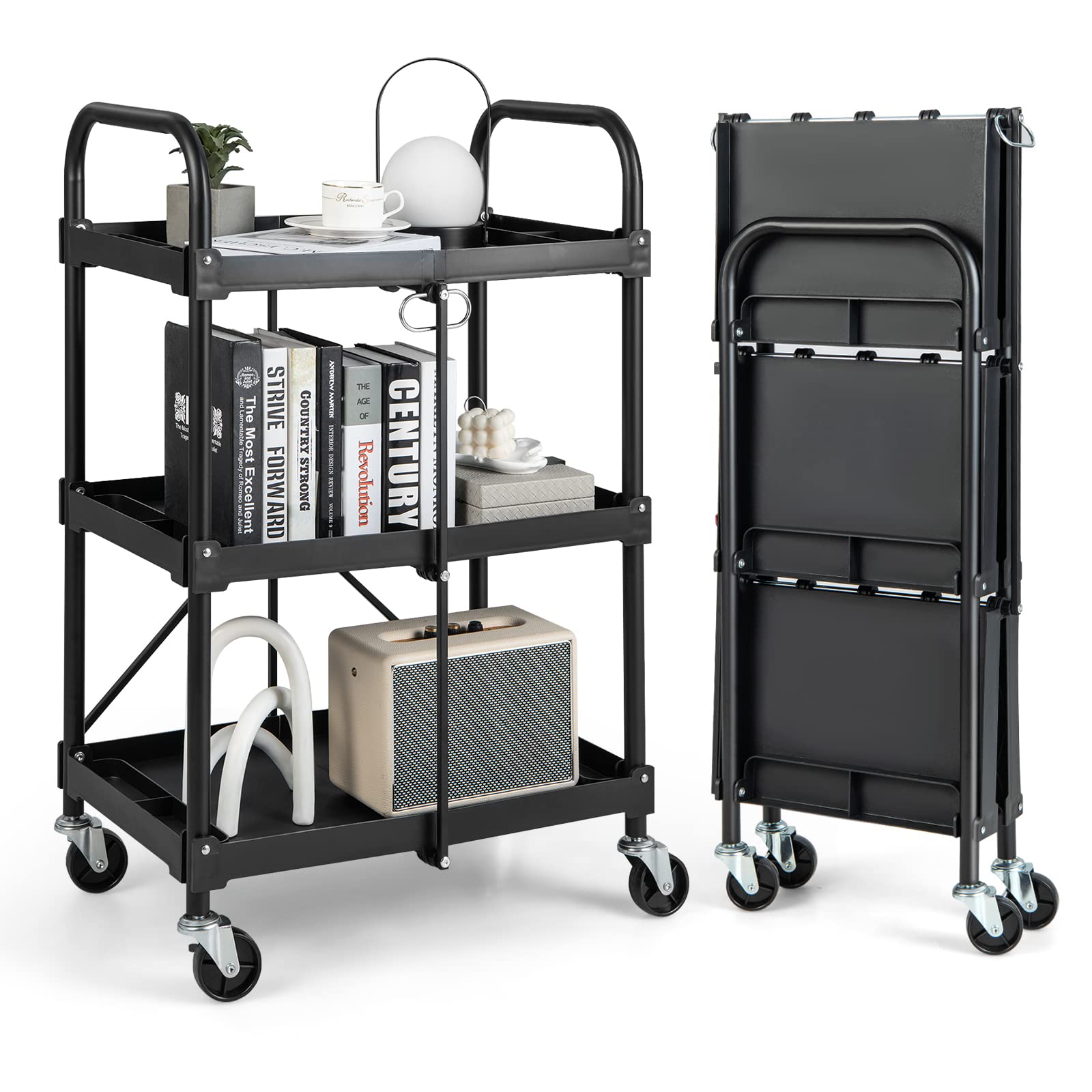 Goplus Folding Utility Cart, 3-Tier Rolling Tool Cart w/Lockable Wheels, 300LBS Capacity, Divided Storage Compartments, Collapsi