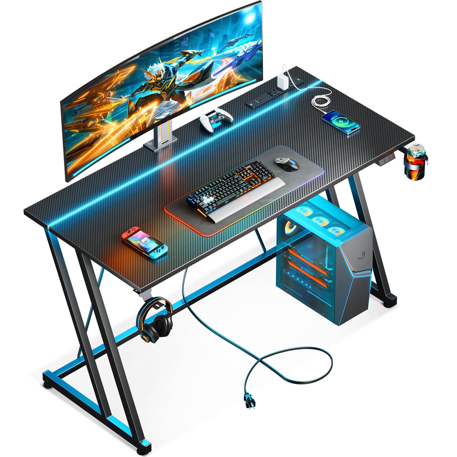 MOTPK 47 Inch Small Gaming Desk with LED Light & Power Outlets, Computer Desk for Small Space, Gaming Table with Carbon Fiber Te