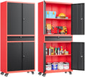 Metal Storage Cabinet with Wheels and Drawer,Rolling Garage Storage Cabinet with Lock,Black Red Metal Cabinet with Wheels,73 Mob