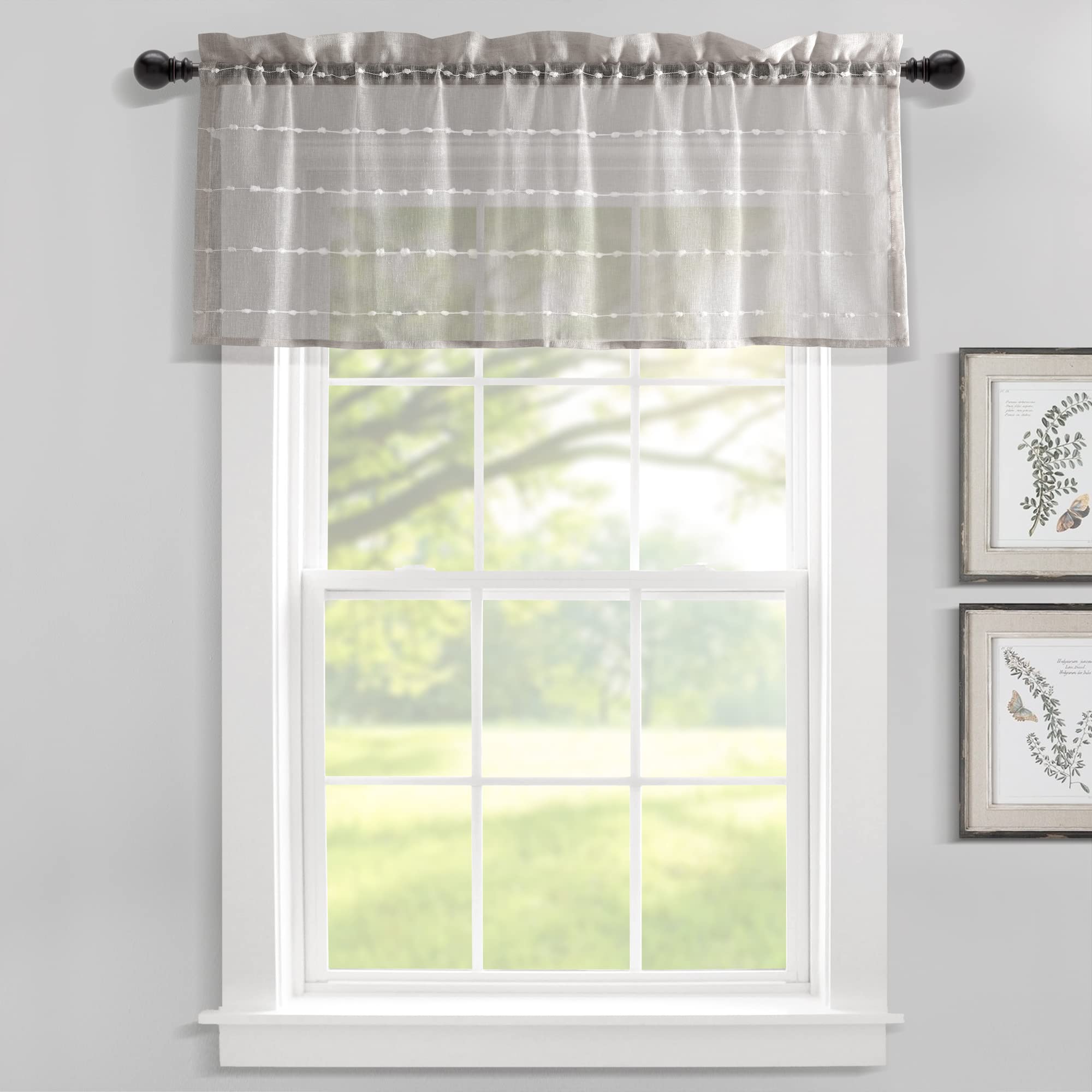 Lush Decor Farmhouse Textured Sheer Window Curtain Valance, 52W x18L, Gray