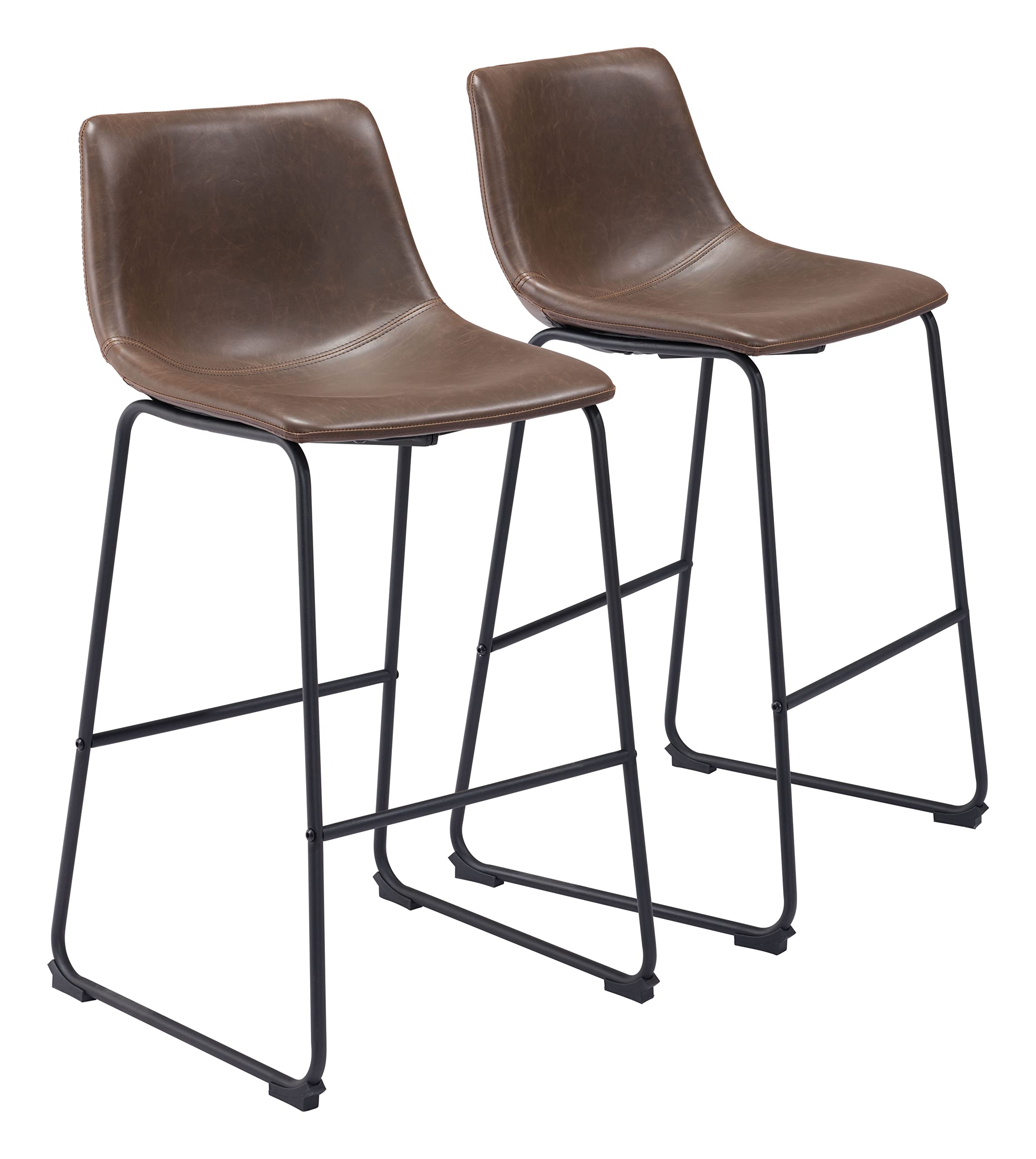 Zuo Smart Barstool (Set of 2) Vintage Espresso, Brown Barstool, Transitional Style, Faux Leather, Plush and Durable Faux Leather