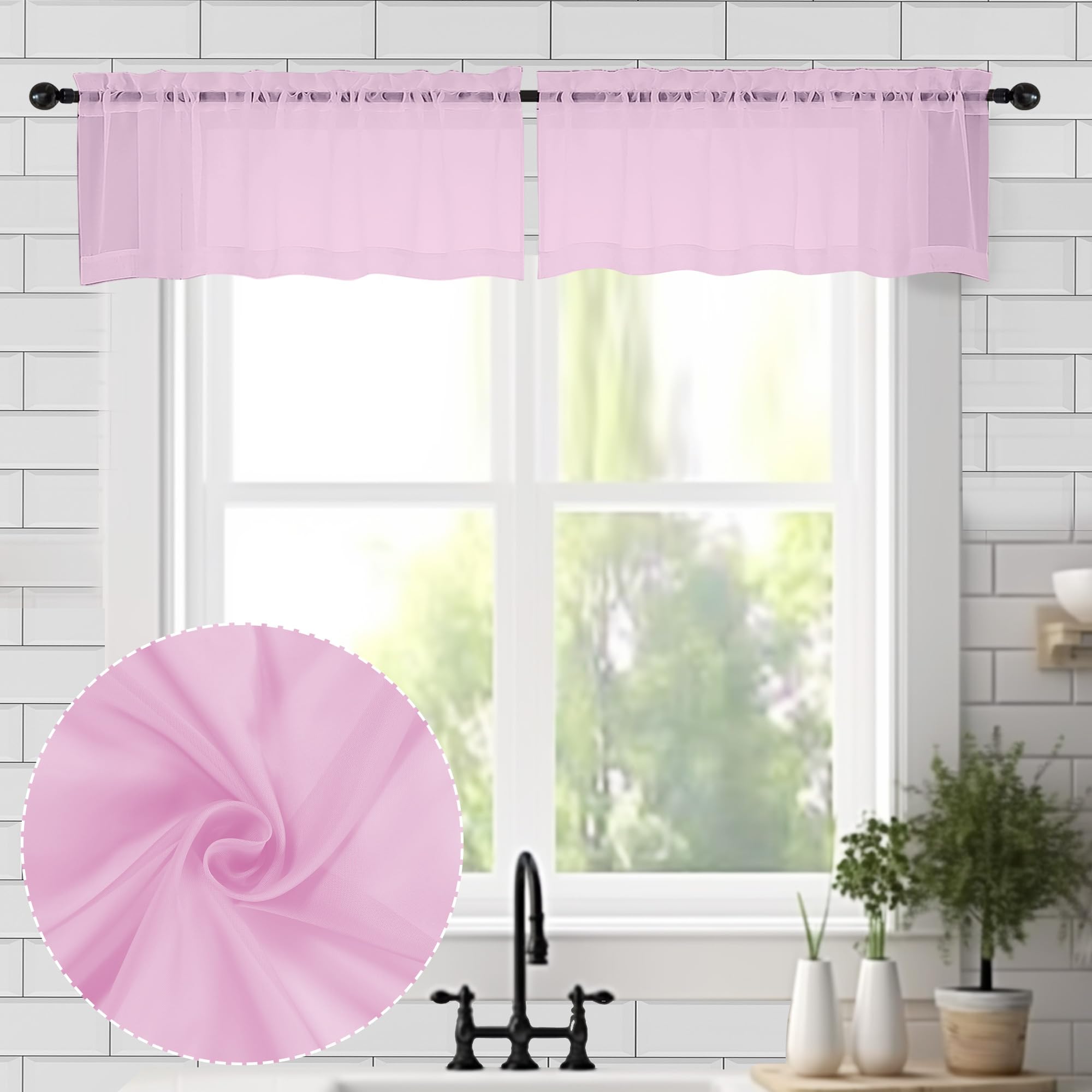 Chyhomenyc Pink Sheer Valances for Window 2 Pack, 42Wx14L Inches Small Sheer Cafe Curtains for Living Room Bathroom Study Cafe L