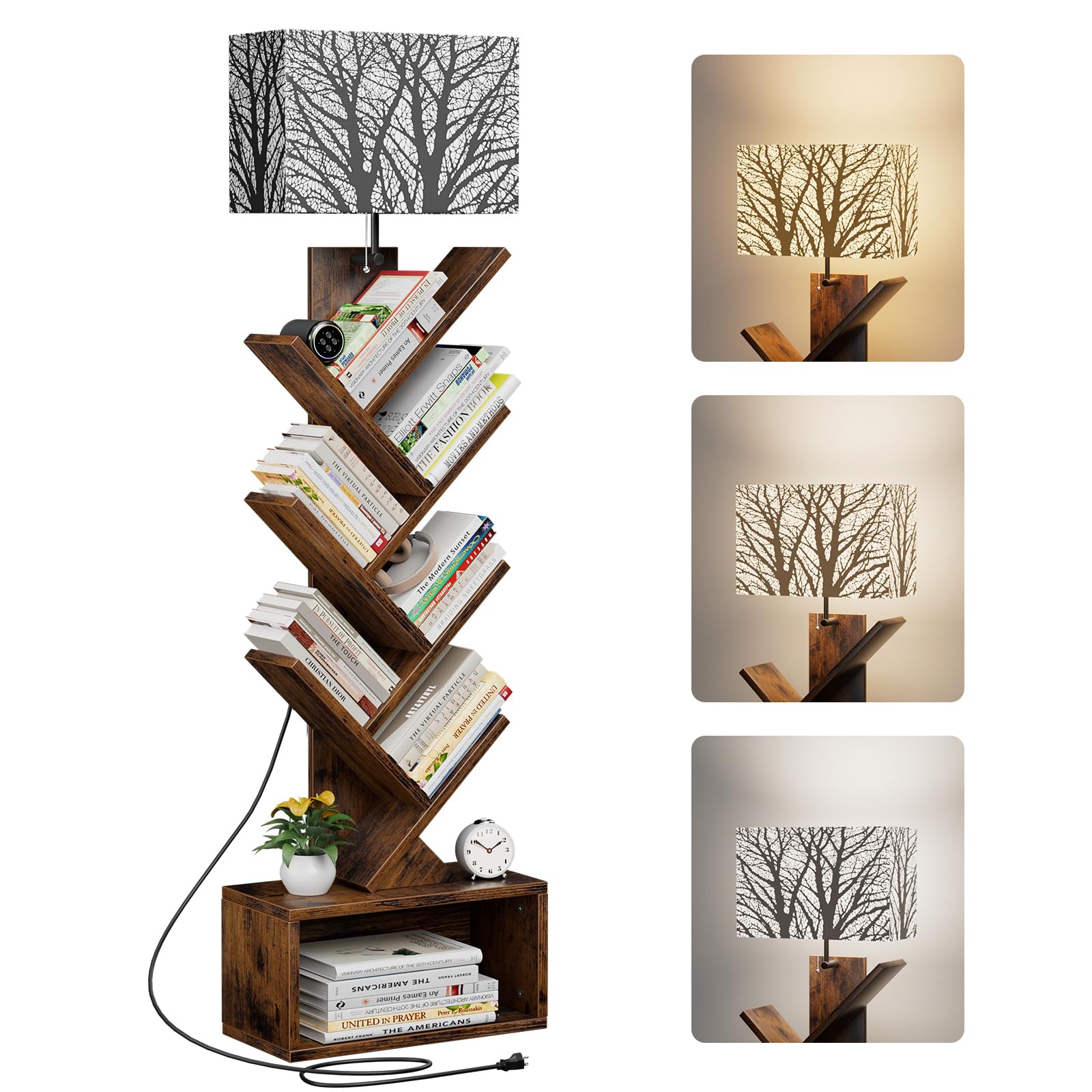 Evermagin Tree Bookshelf with Light, 6 Tier Small Bookcase, Narrow Floor Standing Book Tower Organizer with Storage Cabinet for 