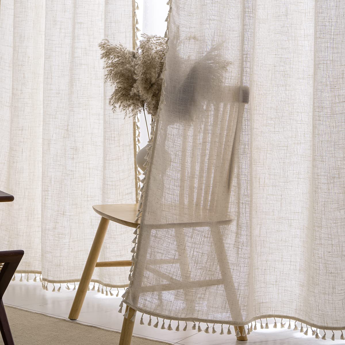 VOILYBIRD Natural Linen Blended Farmhouse Curtains 63 Inches Long Boho Curtains & Drapes Country Style for Bedroom, W40 x L63, N