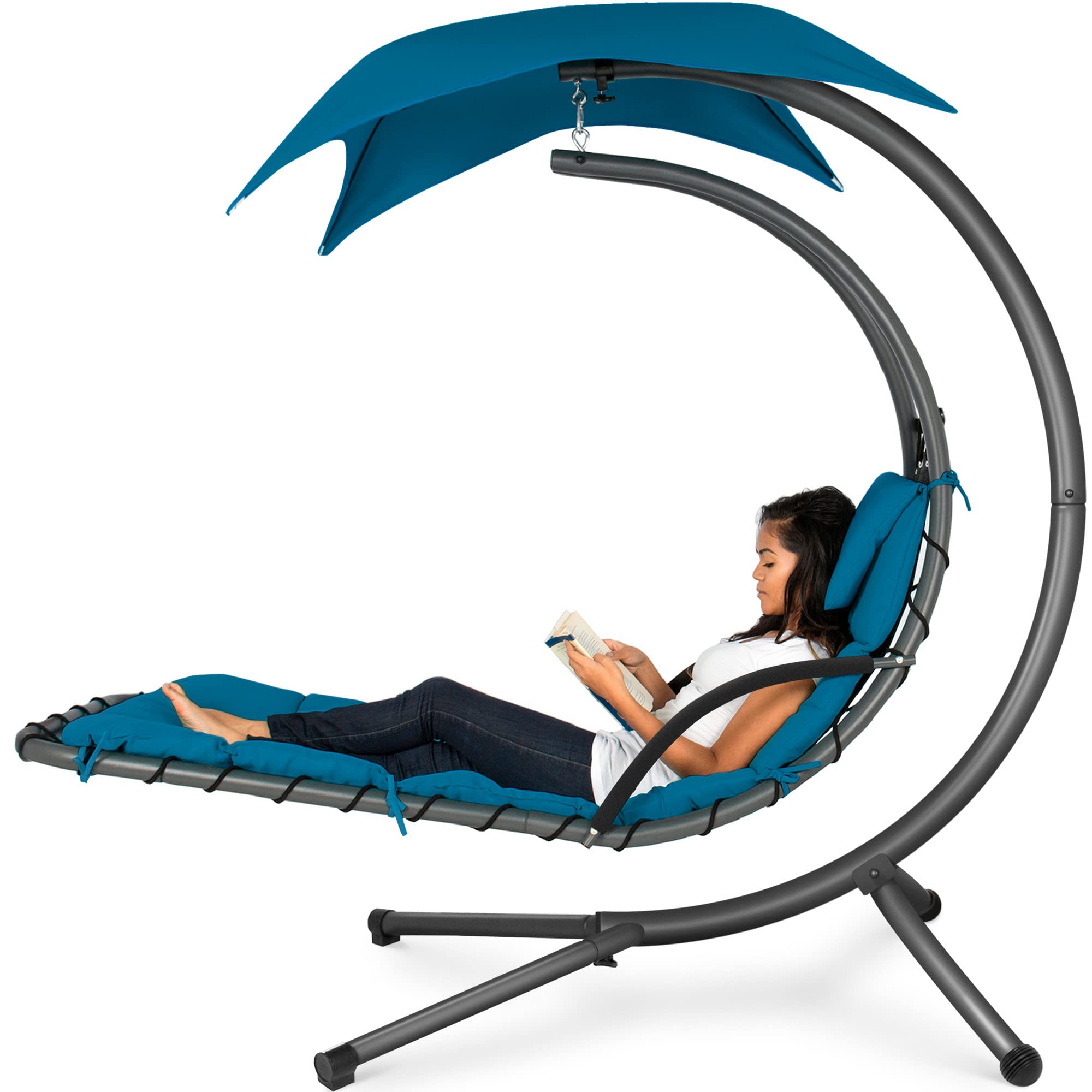 Best Choice Products Outdoor Hanging Curved Steel Chaise Lounge Chair Swing w/Built-in Pillow and Removable Canopy - Peacock Blu