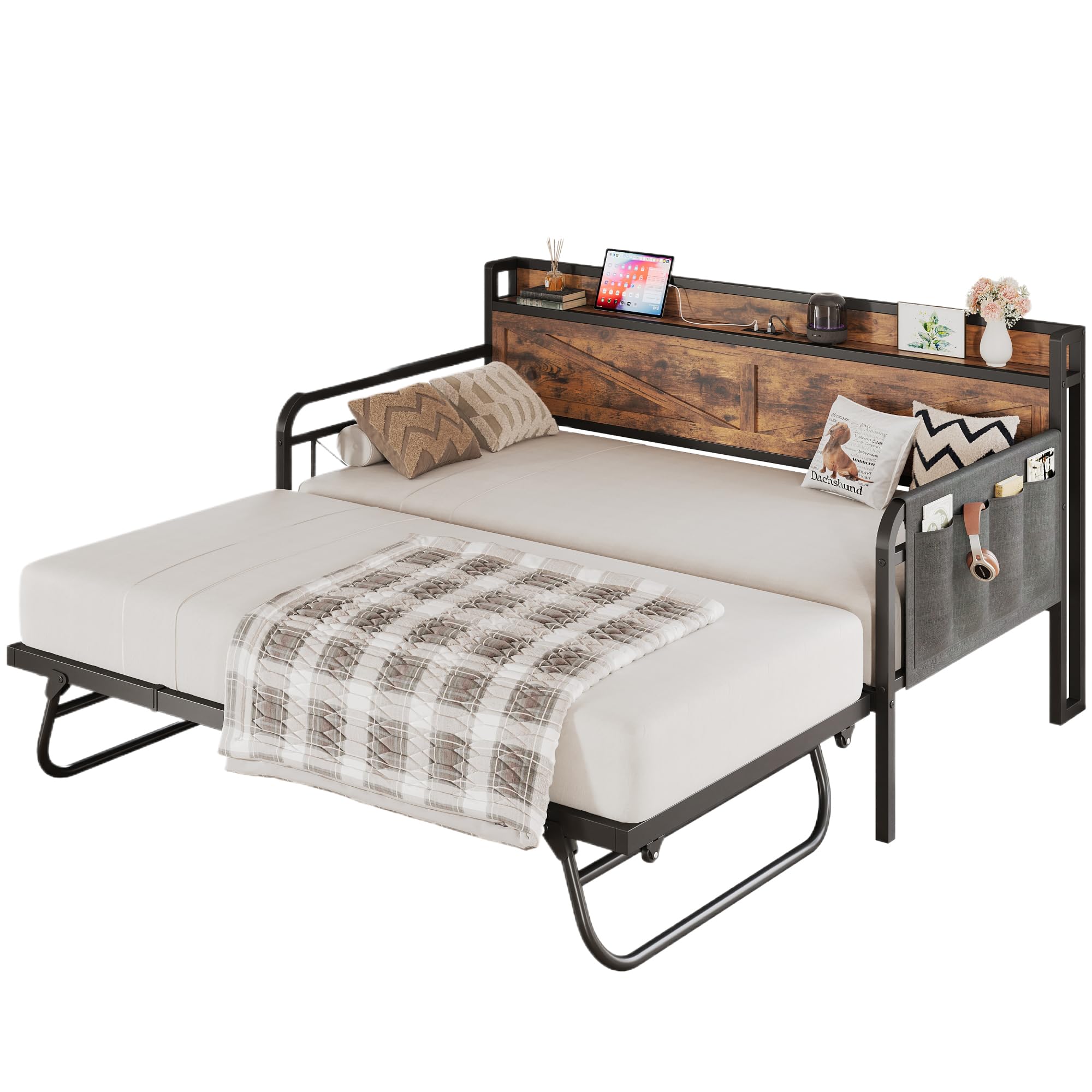 LIKIMIO Twin Daybed with Trundle Bed, Storage Headboard with Charging Station, Sofa Day Bed with Strong Supports for Living Room