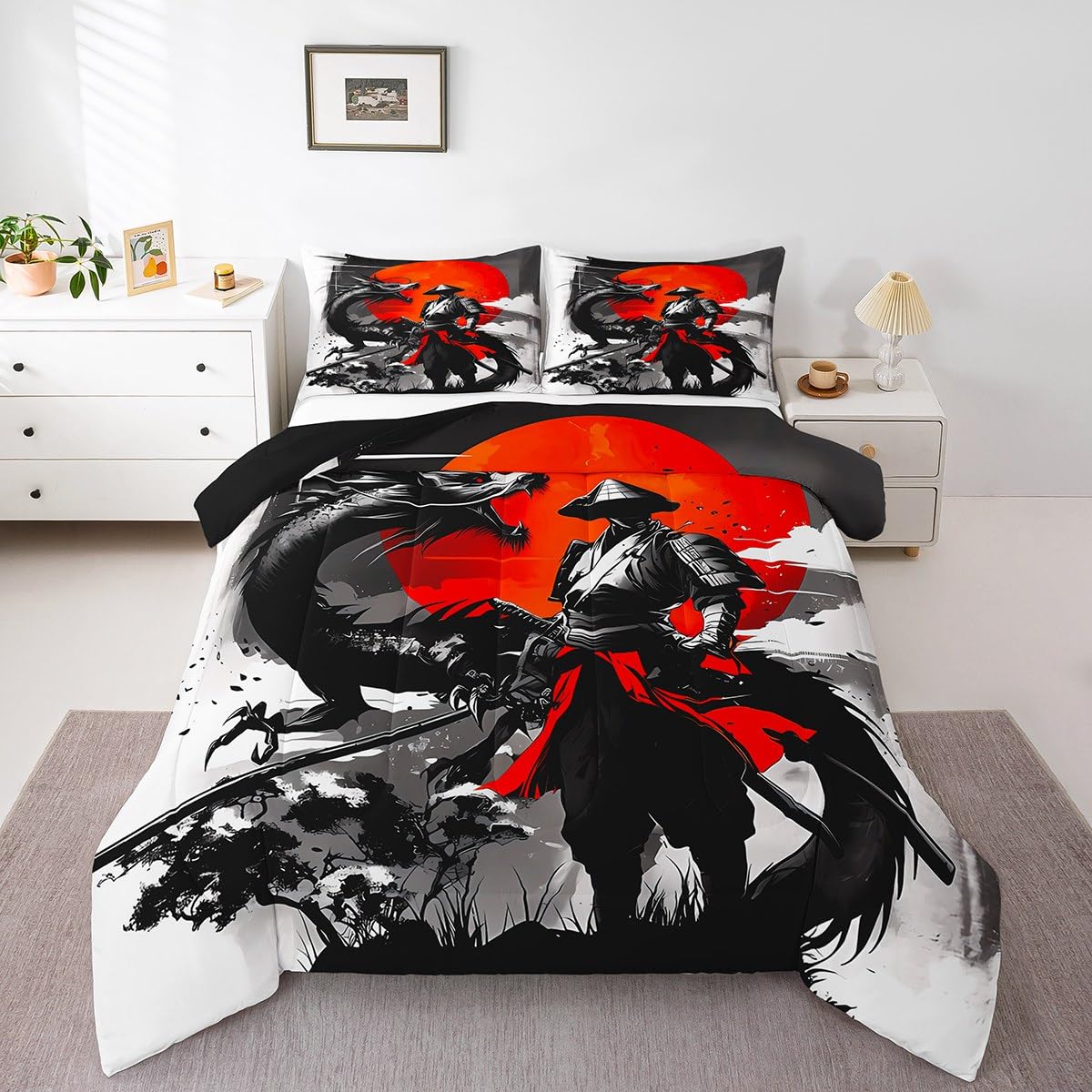 Feelyou Kids Samurai Comforter Set Twin Size, Japanese Samurai Bedding Set Warrior Bushido Comforter for Boys Girls Black Dragon