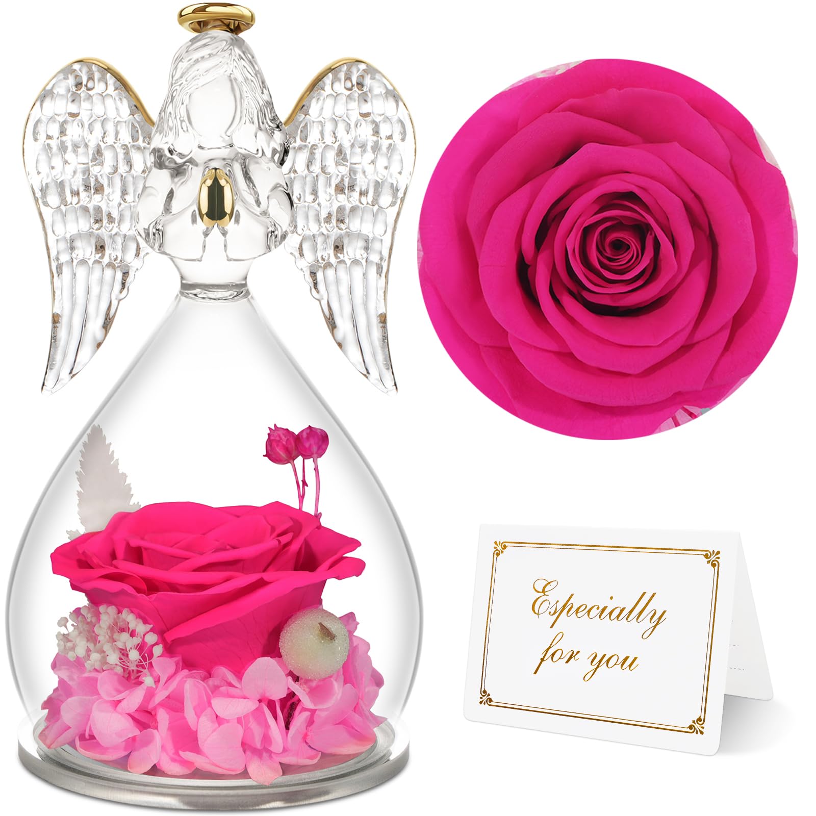 Yamonic Mom Birthday Gifts for Mom, Christmas Angel Figurines with Real Rose Gifts for Her Mom Grandma,Preserved Flowers Rose An