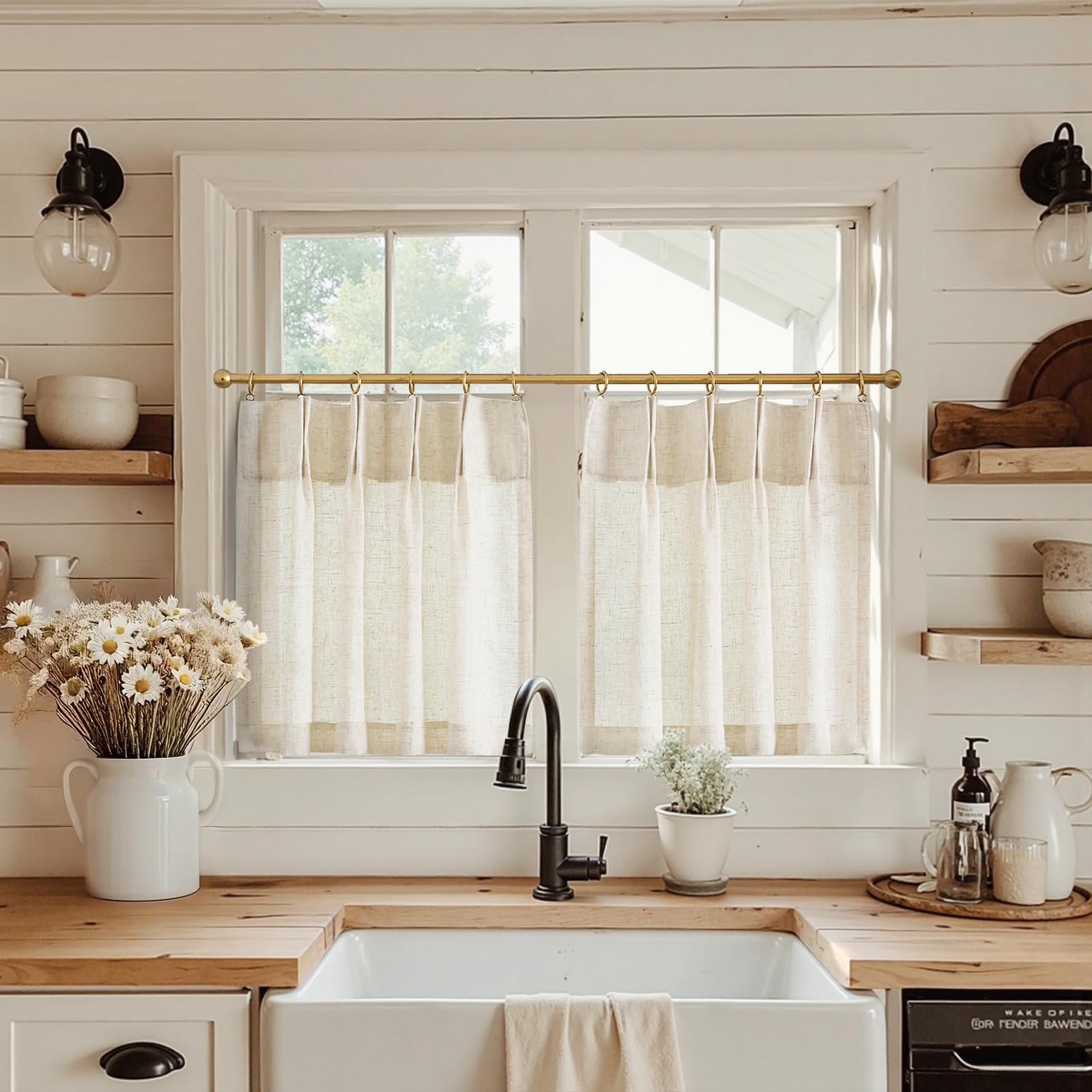 jinchan Linen Pinch Pleated Kitchen Curtains 30 Inch 2 Panels, Natural Linen Tier Curtains Back Tab Farmhouse Cafe, Light Filter