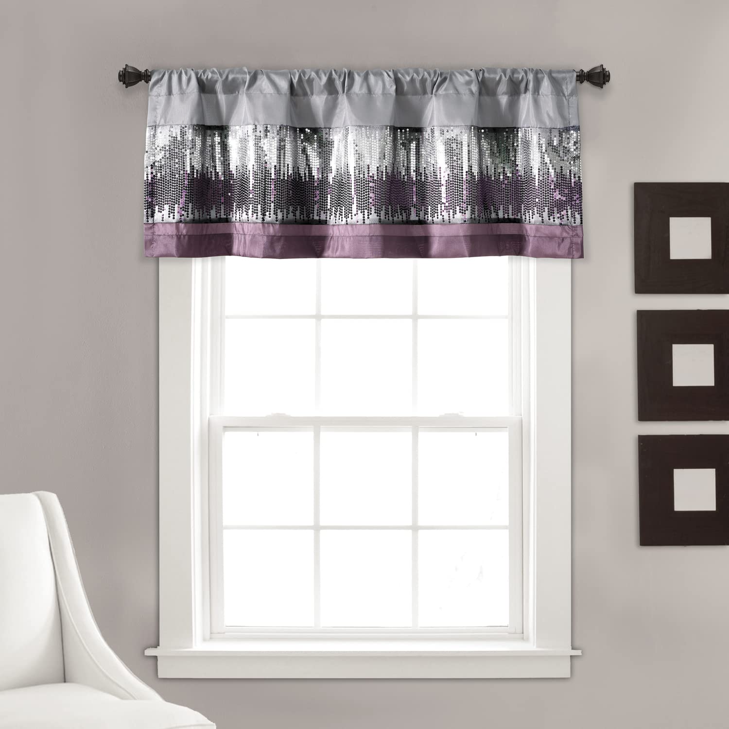 Lush Decor Night Sky Valance, Single, 52 W x 18 L, Purple & Gray - Sequin Curtain - Sparkle & Color Block - Kitchen Curtain Vala