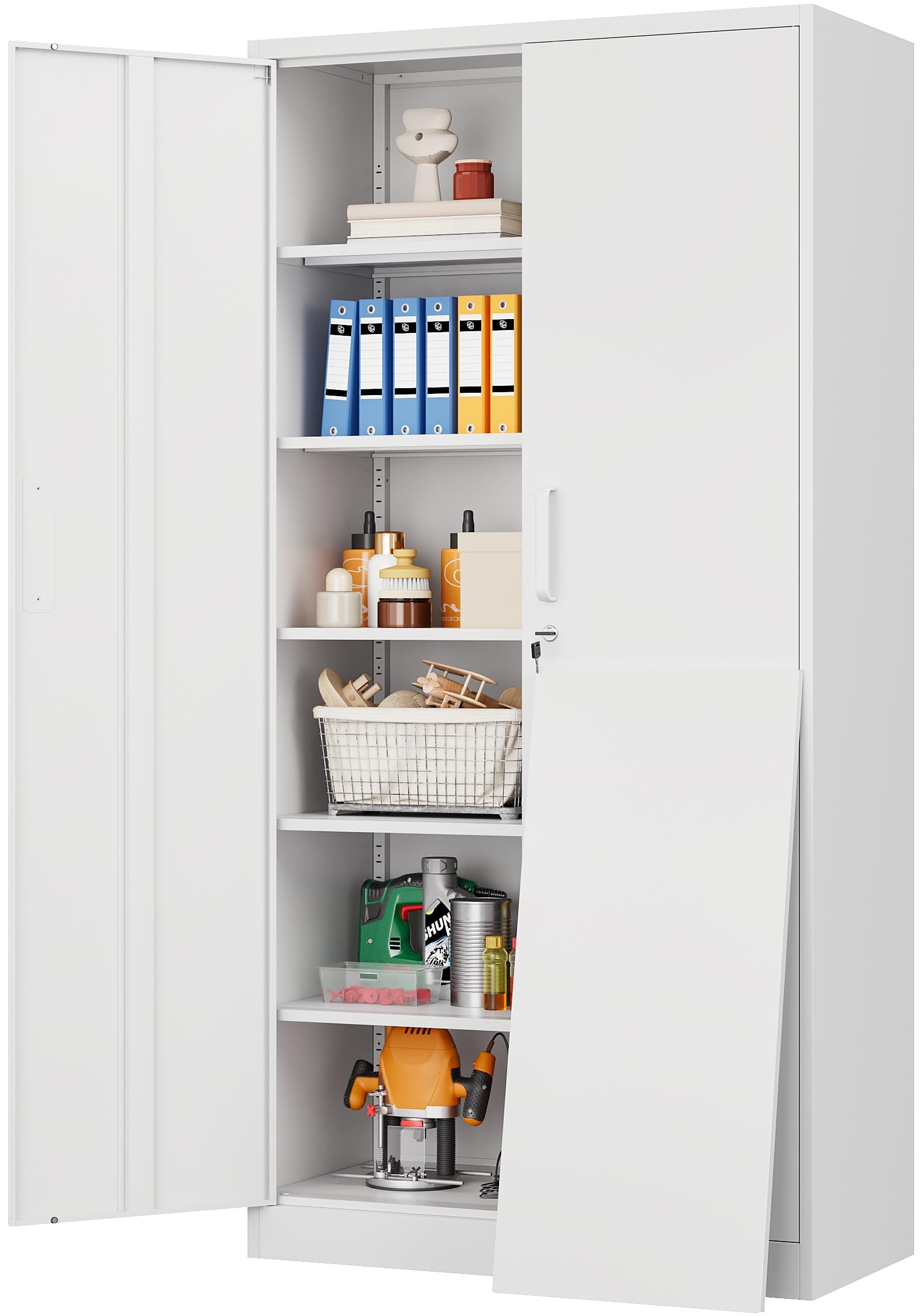 White Metal Storage Cabinet with 2 Doors and 5 Adjustable Shelves,Wide & Deep Locking Metal Cabinet,Large Garage Storage Cabinet