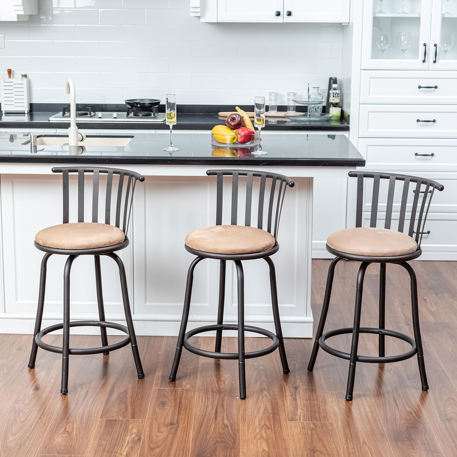 Homy Casa Bar Stools 24 Inches Set of 3, Modern Metal Counter Height Bar Stools with Back,Suede Swivel Round Bar Chairs for Kitc