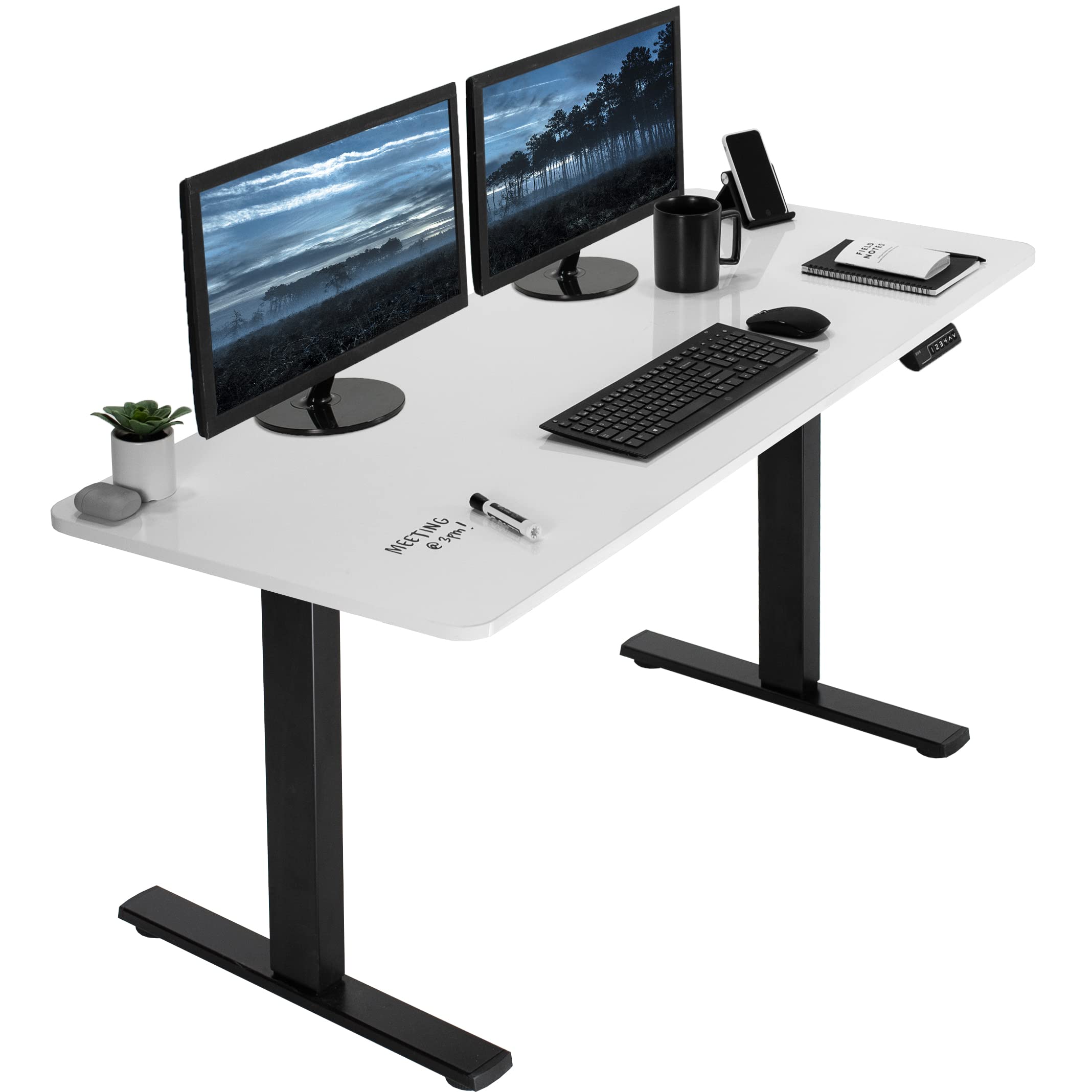 VIVO Electric Height Adjustable 60 x 24 inch Memory Stand Up Desk, White Dry Erase Solid One-Piece Table Top, Black Frame, Stand