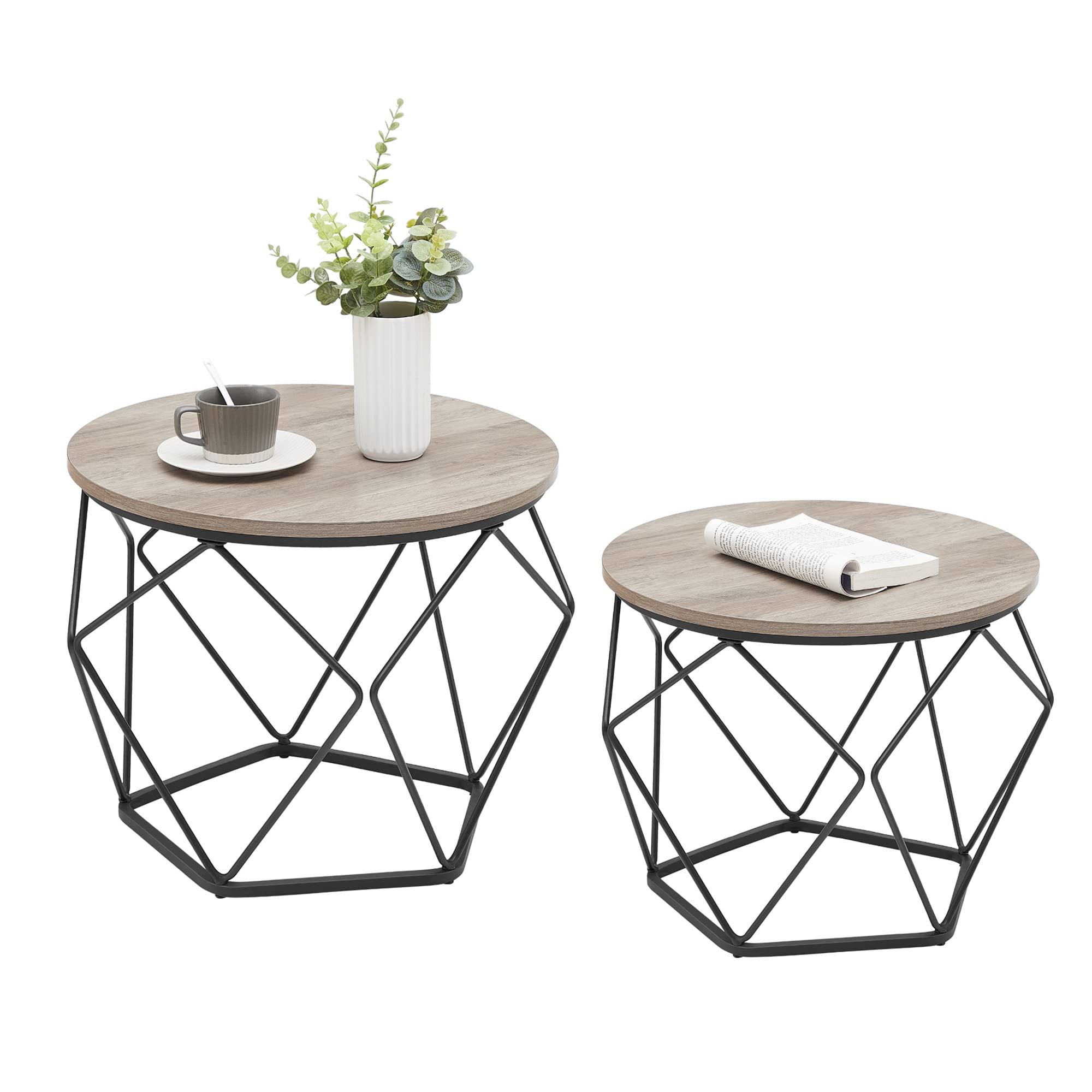 VASAGLE Small Coffee Table Set of 2, Round Coffee Table with Steel Frame, Side End Table for Living Room, Bedroom, Office, Greig