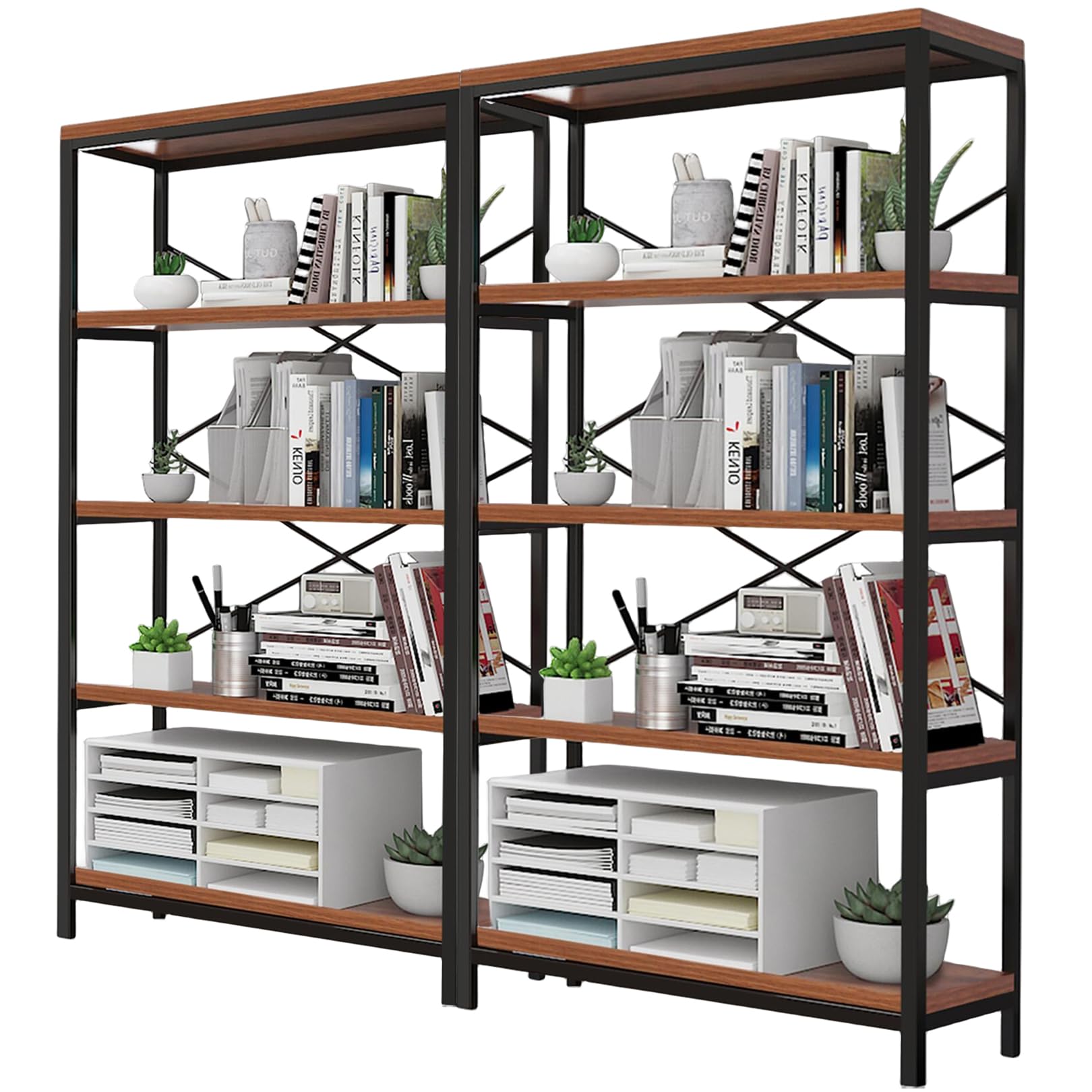Himimi Industrial Bookshelf 5-Tier Set of 2, Bookcase 58 H Ladder Shelf, Storage Shelves Rack Shelf Unit, Accent Furniture Metal