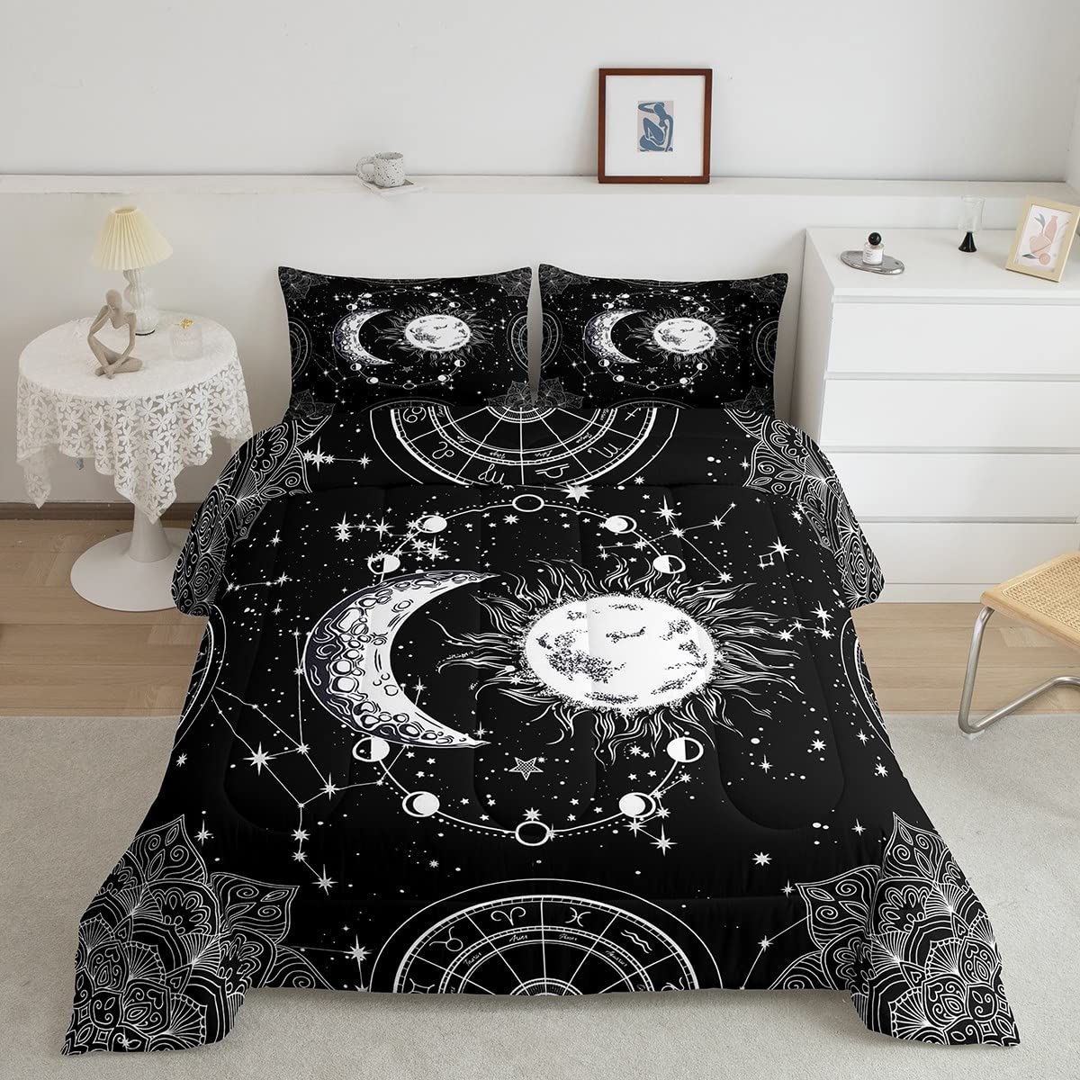 Sun and Moon Bedding Set Constellation Galaxy Comforter for Kids Boys Girls Teens Psychedelic Boho Mandala Comforter Breathable 