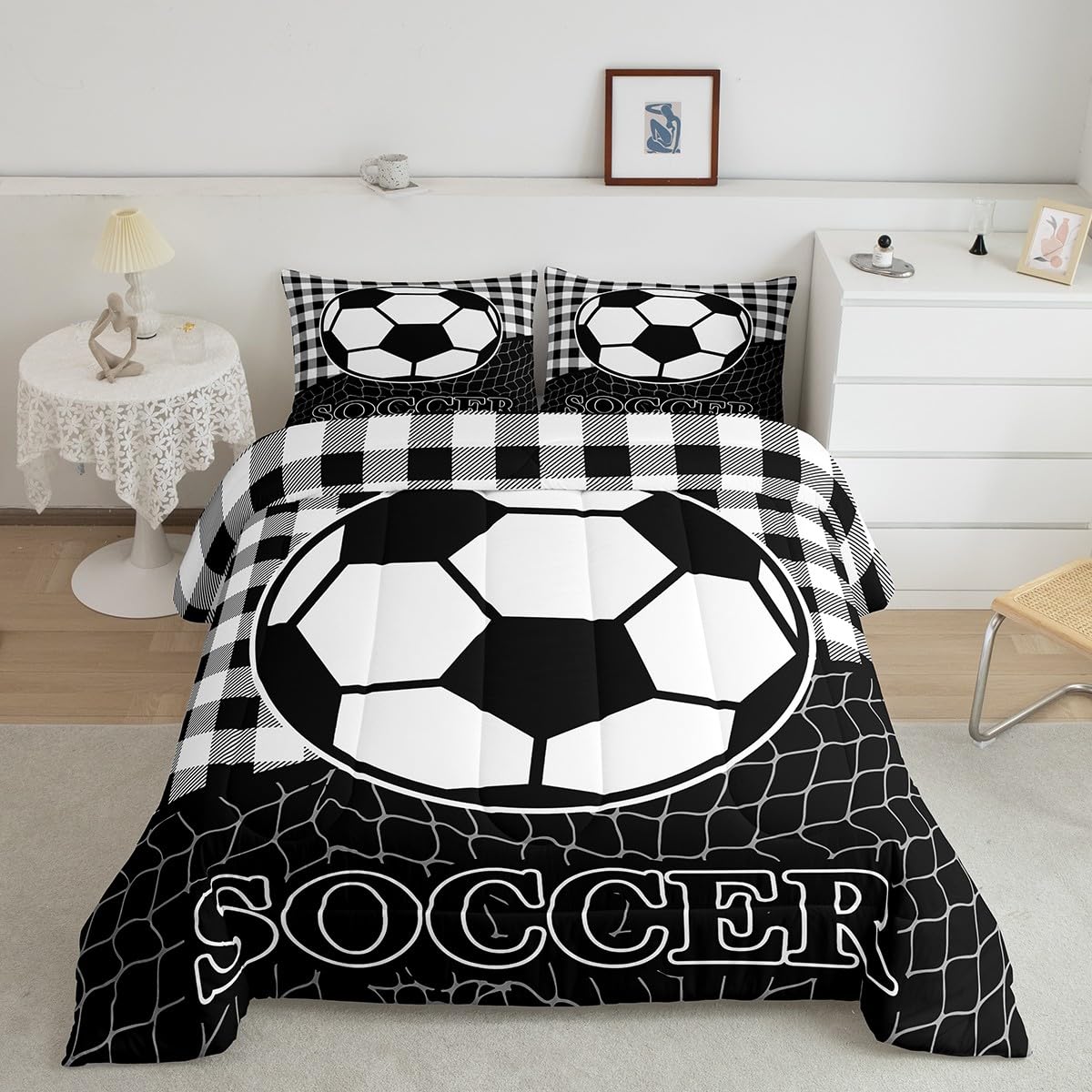 Feelyou Soccer Bedding Set for Girls Boys Kids Twin Size Black White Comforter Room Decorative Geometric Pattern Comforter Set S