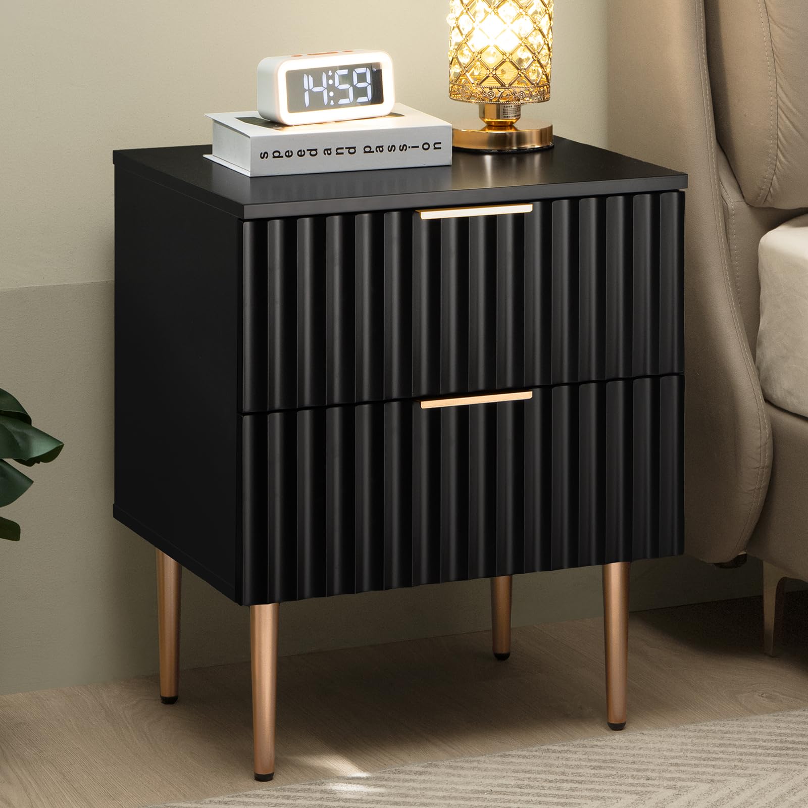 SICOTAS Black Night Stand, Fluted Glossy Nightstand with 2 Drawers, Wide Modern Storage Bedside Table for Bedroom, End Side Tabl