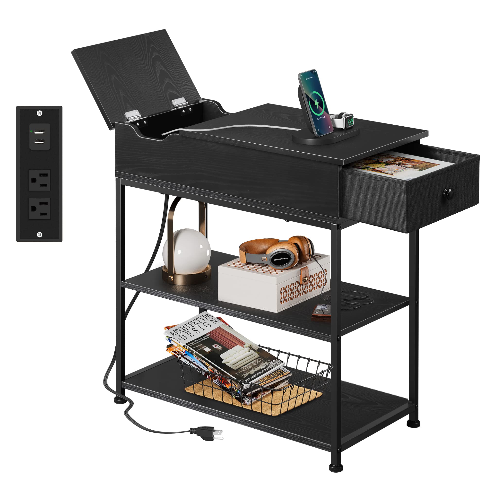 WLIVE Narrow Side Table with 2 USB Ports and 2 Outlets, Flip Top End Table with Drawer and Storage Shelves, End Stand with Charg