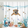 Fowocu Funny Dog Shower Curtain Set Teal Blue Sea Ocean Waterproof Fabric with Animal Octopus Starfish Turtle Anchor Fish Nautic