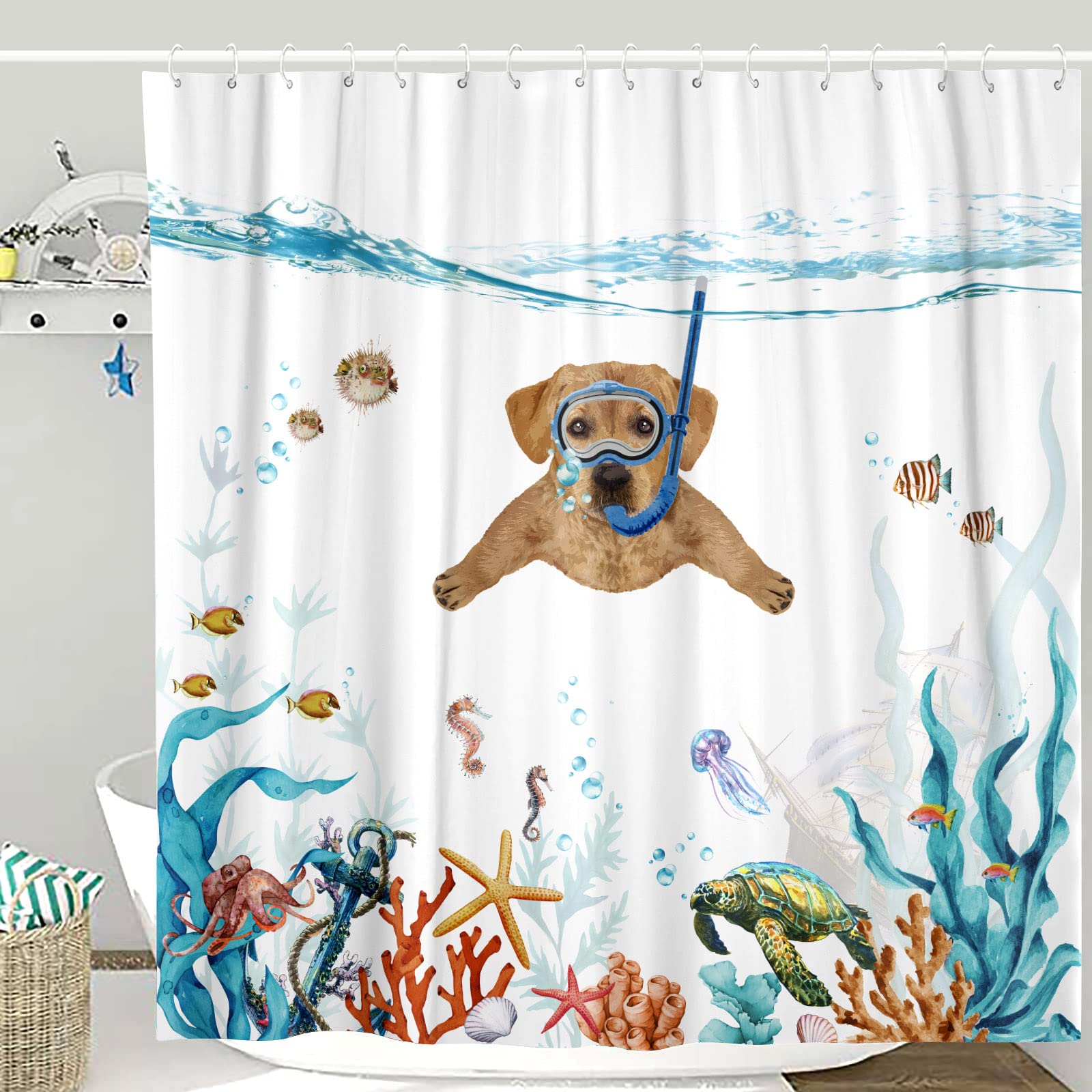 Fowocu Funny Dog Shower Curtain Set Teal Blue Sea Ocean Waterproof Fabric with Animal Octopus Starfish Turtle Anchor Fish Nautic