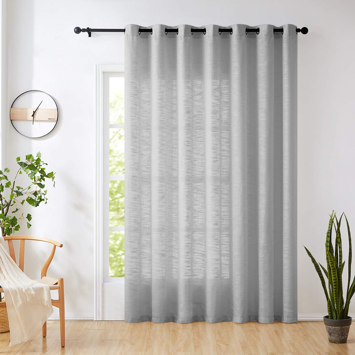 Linen Grey Sheer Curtains for Bedroom 96 inches Long Sliding Door Curtain for Extra Wide Windows White Room Divider Rich Linen T