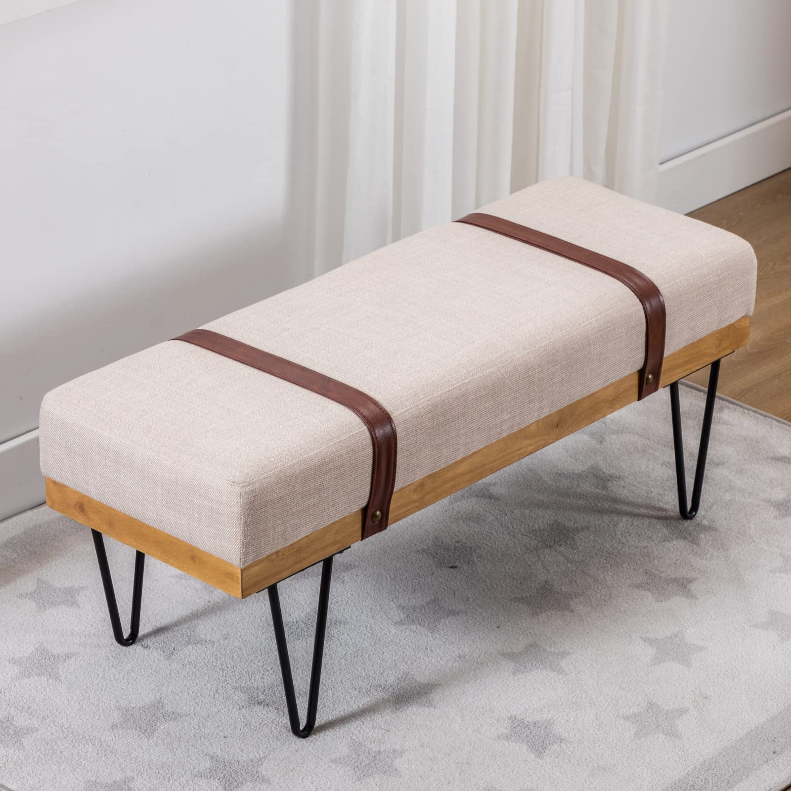 HEAH-YO Industrial Entryway Bench Set of 1, 44 Inches End of Bench with Padded Seat Cushion, Uphlstered Linen Fabric Dining Benc