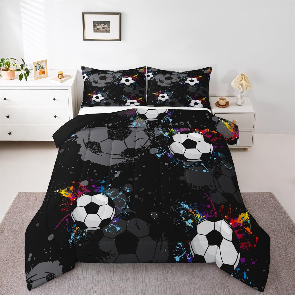 jejeloiu Boys Soccer Comforter Set Queen Size Kids Football Bedding Set for Girls Teens Sports Ball Gaming Duvet Quilt Room Deco