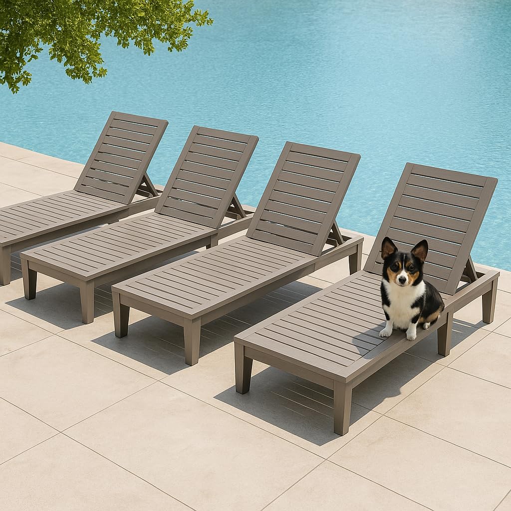 NBYSGO Outdoor Chaise Lounge Chairs Set of 4, 5-Position Adjustable Tanning Lounge Chairs with Wood Texture, All-Weather Resin P