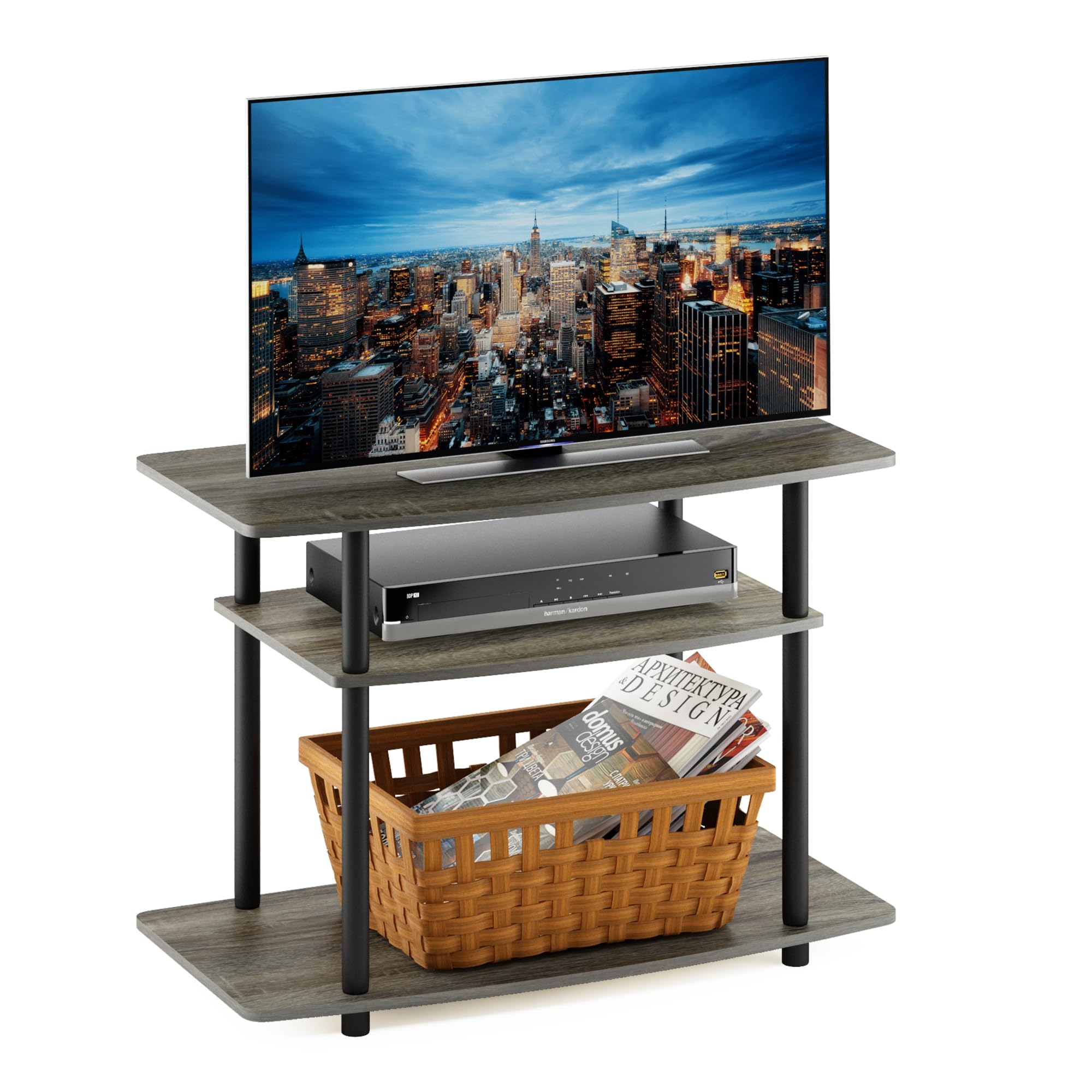 Furinno Turn-N-Tube No Tools 3-Tier Entertainment Center TV Stand for TV up to 32 Inch, Plastic Round Tubes, French Oak Grey/Bla