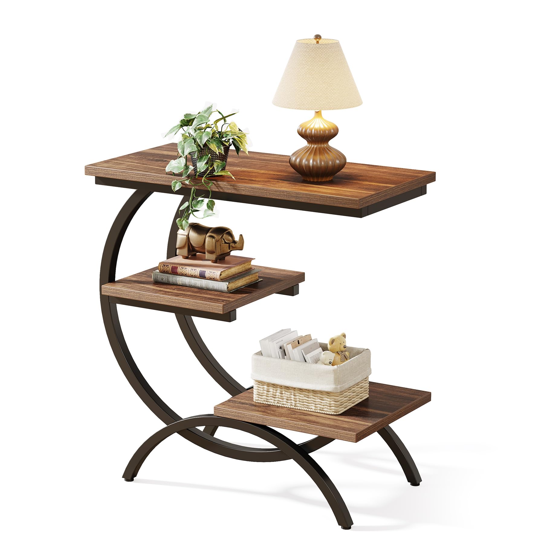 LITTLE TREE End Table, Narrow End Table with 3 Storage Shelves, Industrial C-Shaped Small Sofa Side Table for Living Room, Wood 