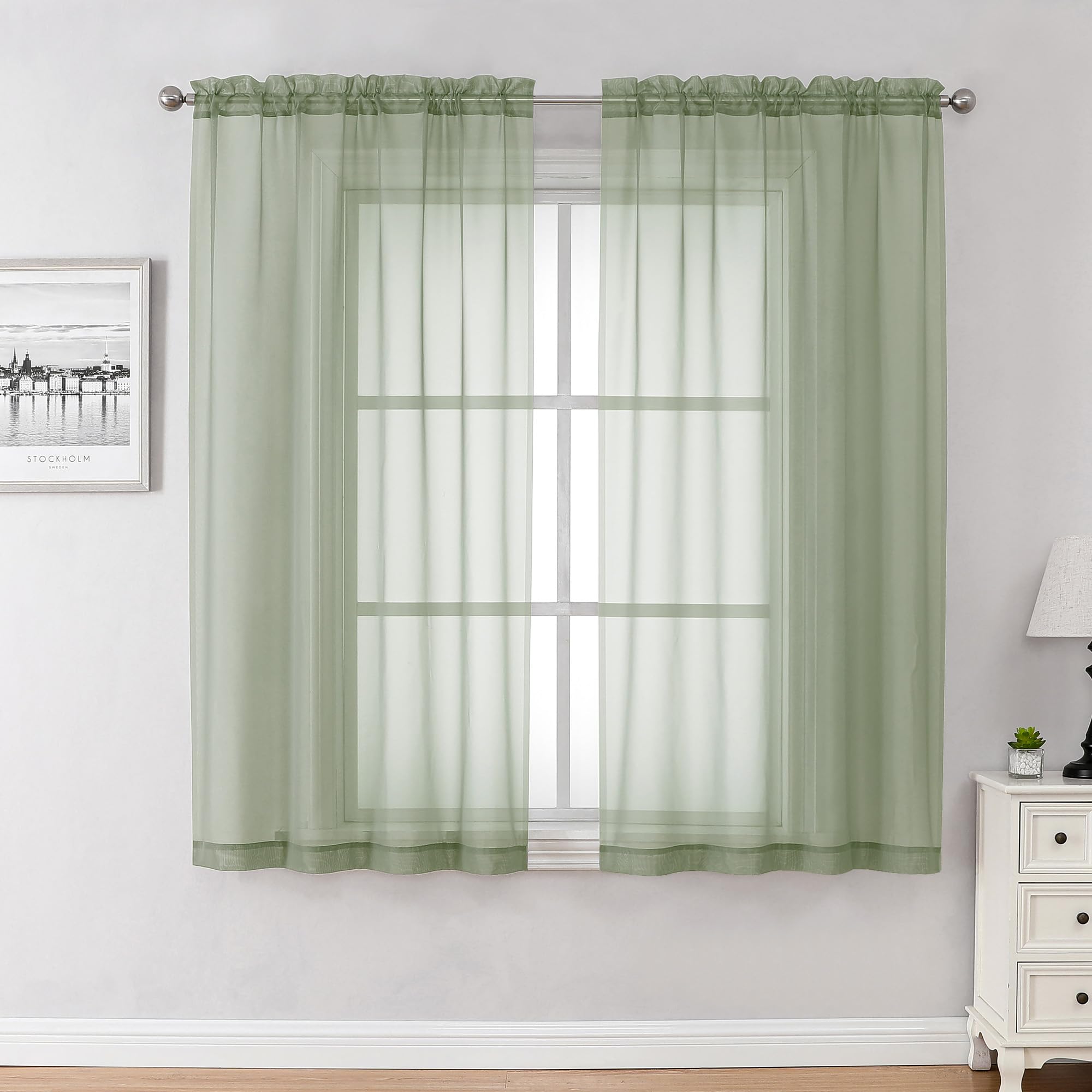 Chyhomenyc Sage Green Sheer Curtains 45 Inch Long 2 Panels, Short Voile Rod Pocket Drapes for Dinning Small Windows Bathroom Liv