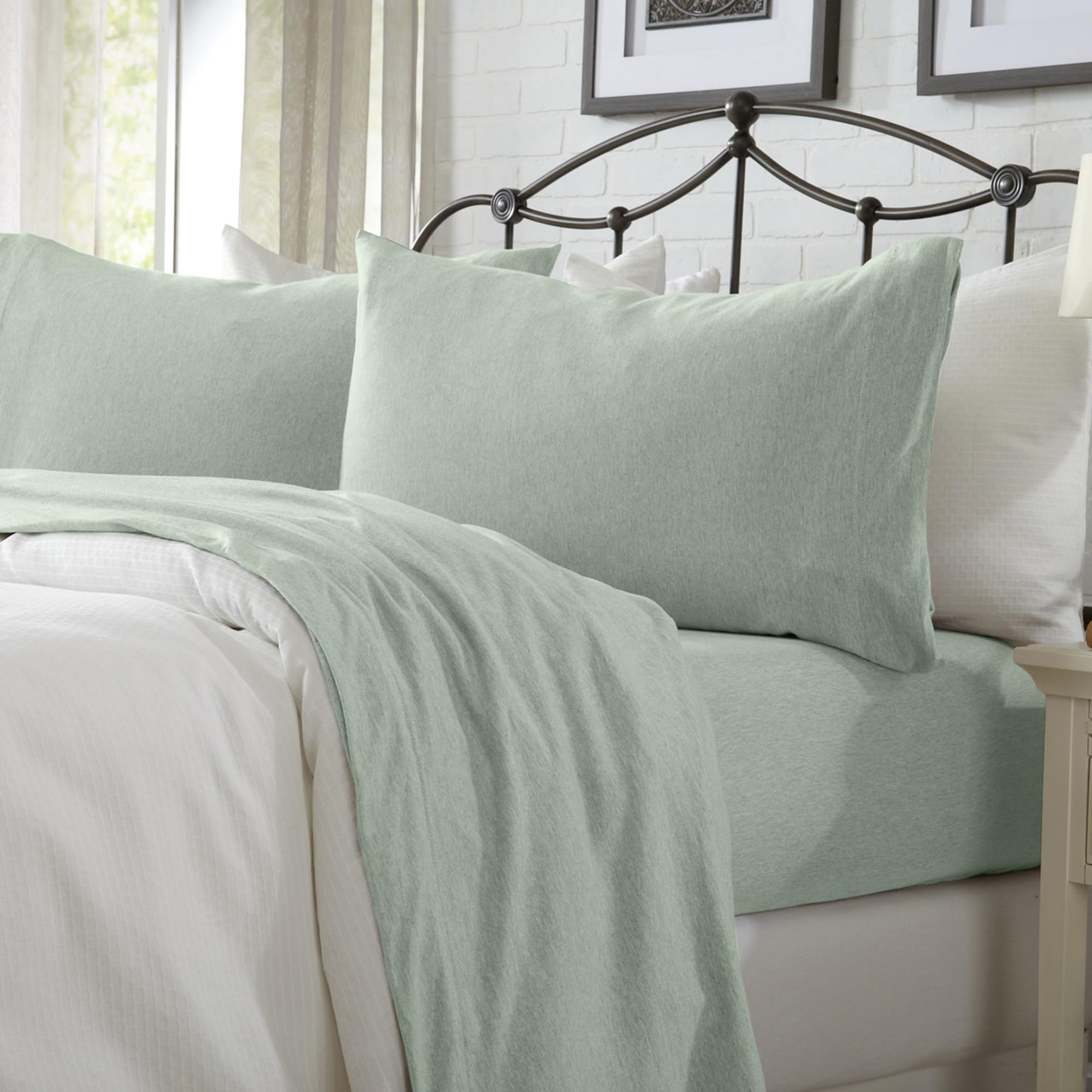 Cotton Jersey Knit Queen Sheet Set - Ultra-Soft, Stretchy, Heathered Melange Green Bed Sheets - Cozy, Soft T-Shirt Sheet & Pillo